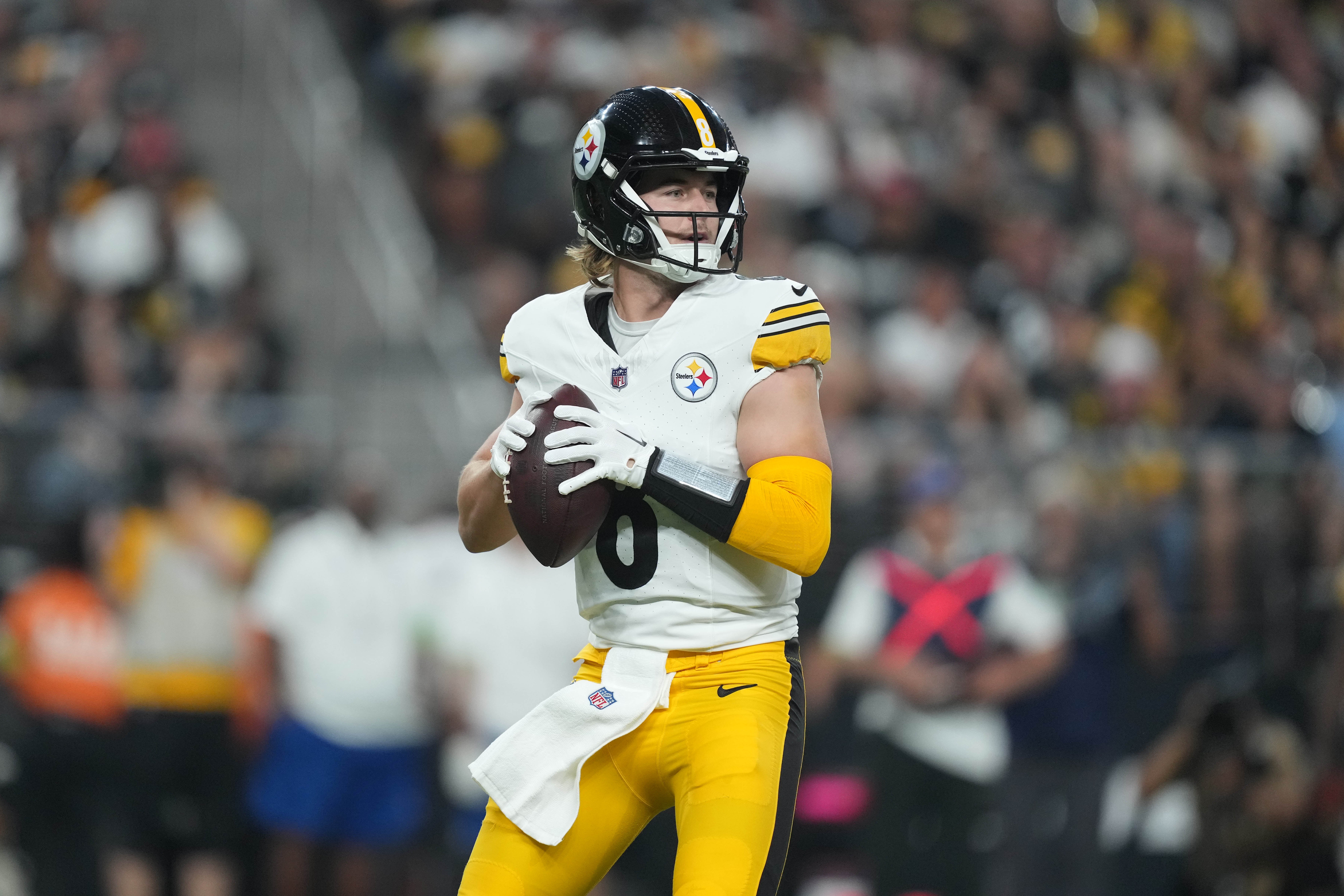 Sep 24, 2023; Paradise, Nevada, USA; Pittsburgh Steelers quarterback Kenny Pickett (8) throws the ball against the Las Vegas Raiders in the first half at Allegiant Stadium. Mandatory Credit: Kirby Lee-USA TODAY Sports