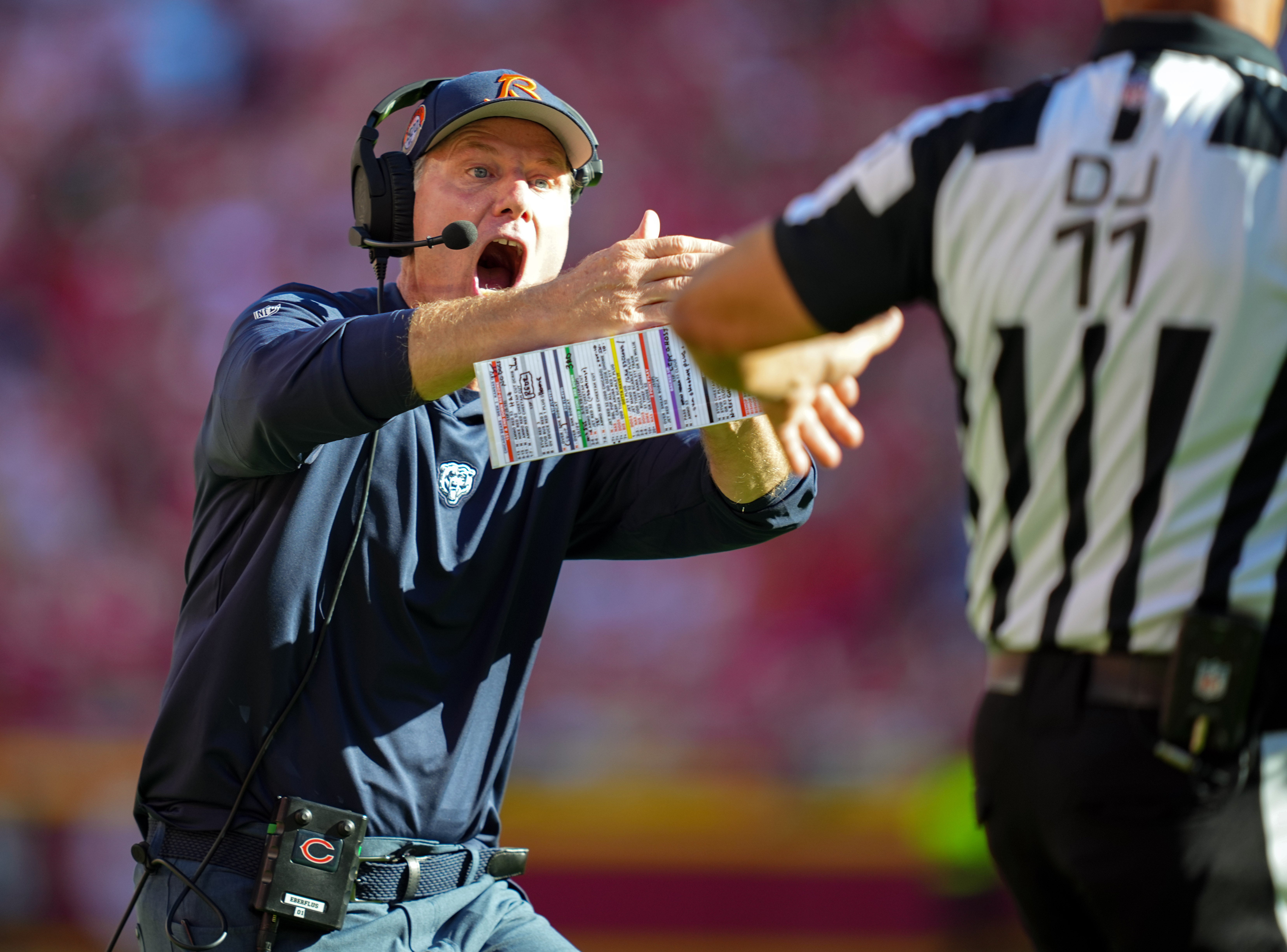 Sep 24, 2023; Kansas City, Missouri, USA; Chicago Bears head coach Matt Eberflus calls a timeout during the first half against the Chicago Bears at GEHA Field at Arrowhead Stadium. Mandatory Credit: Jay Biggerstaff-USA TODAY Sports