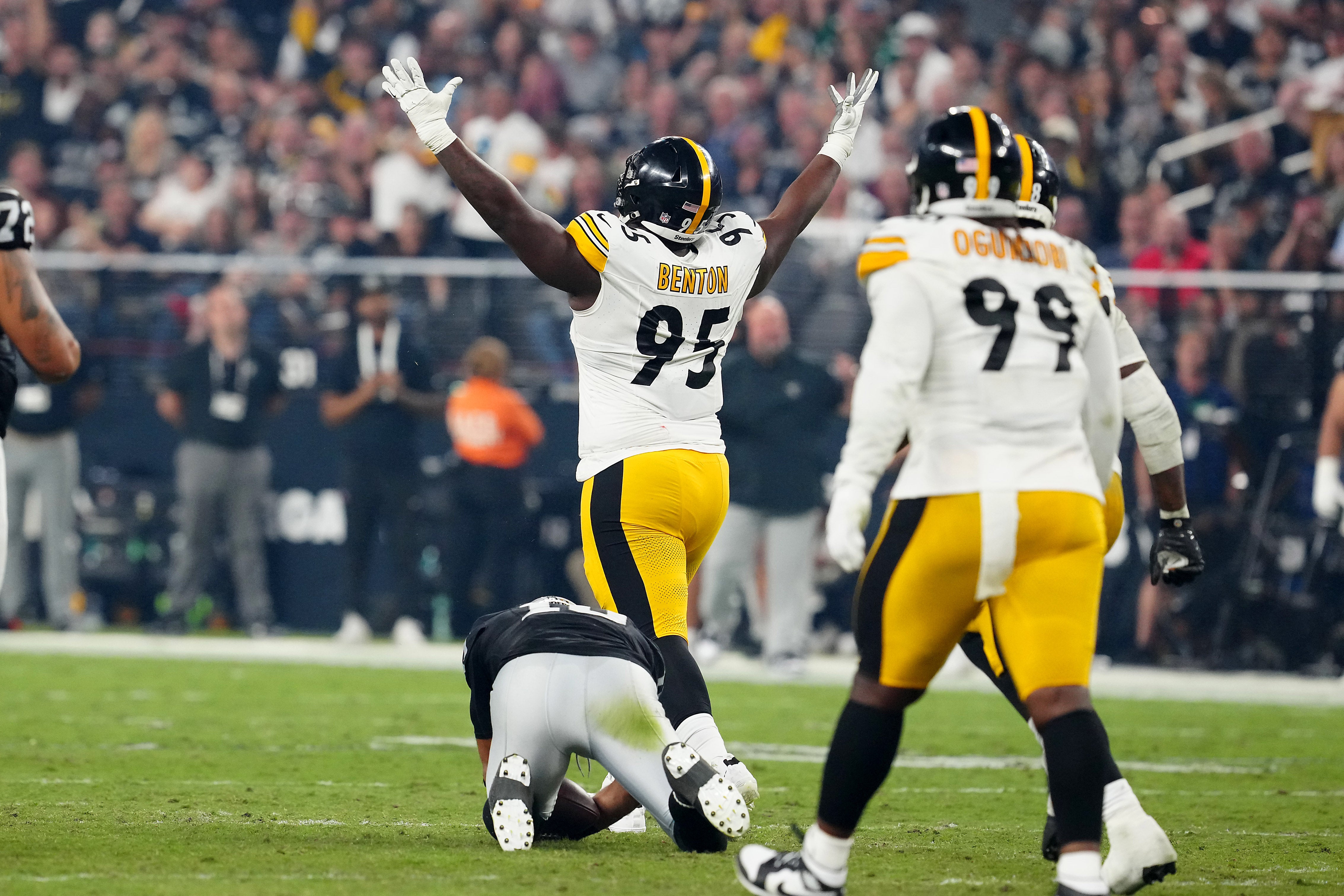 Sep 24, 2023; Paradise, Nevada, USA; Pittsburgh Steelers defensive tackle Keeanu Benton (95) celebrates after sacking Las Vegas Raiders quarterback Jimmy Garoppolo (10) during the third quarter at Allegiant Stadium. Mandatory Credit: Stephen R. Sylvanie-USA TODAY Sports