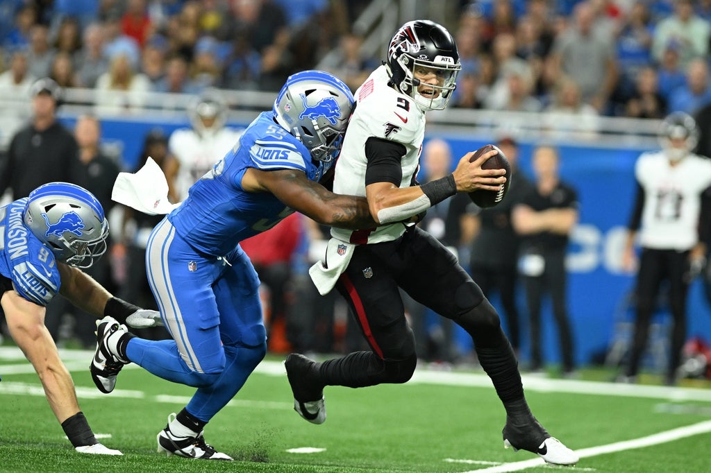 Falcons quarterback Desmond Ridder gets sacked vs. Lions
