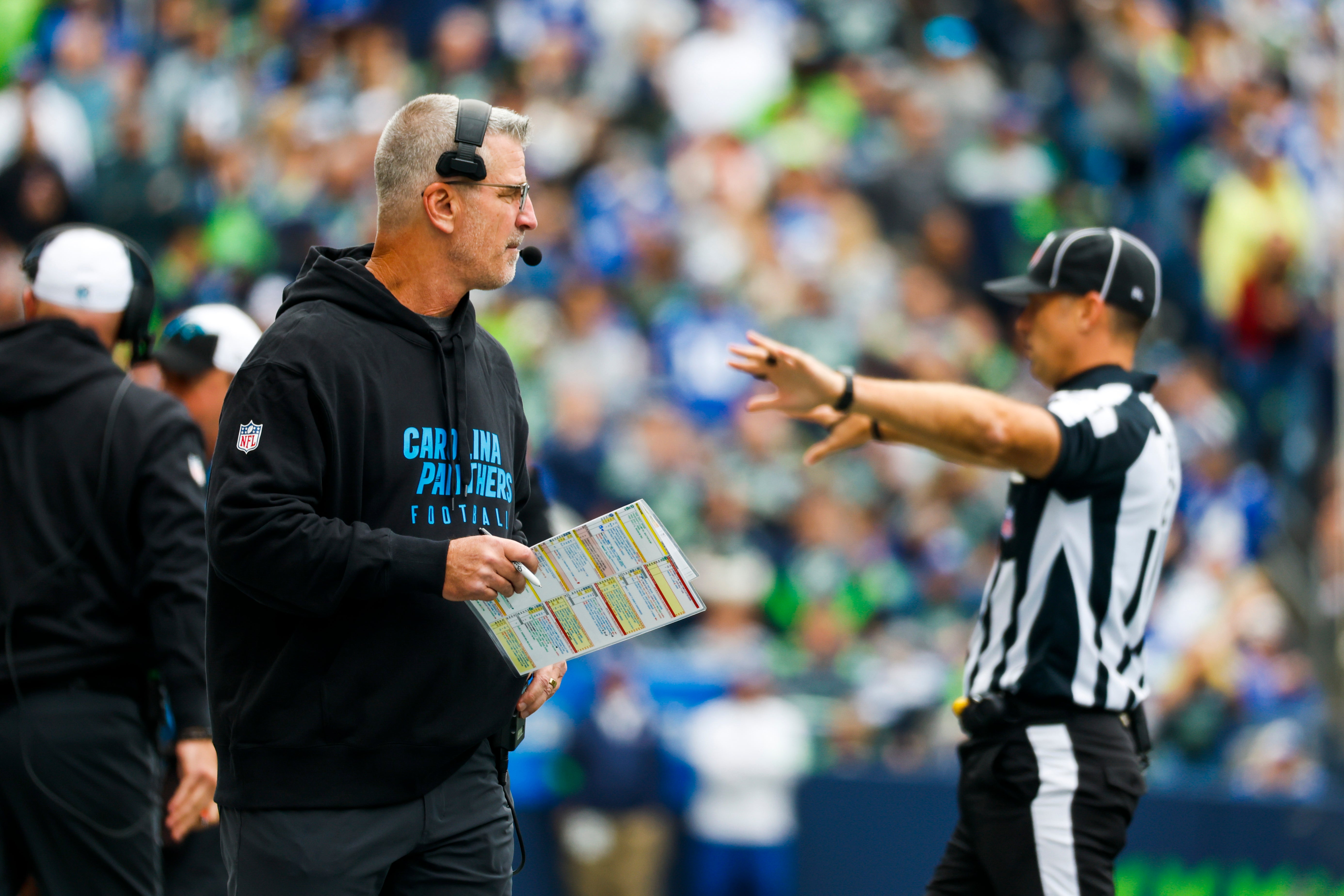 Sep 24, 2023; Seattle, Washington, USA; Carolina Panthers head coach Frank Reich stands on the sideline during the first quarter against the Seattle Seahawks at Lumen Field. Mandatory Credit: Joe Nicholson-USA TODAY Sports