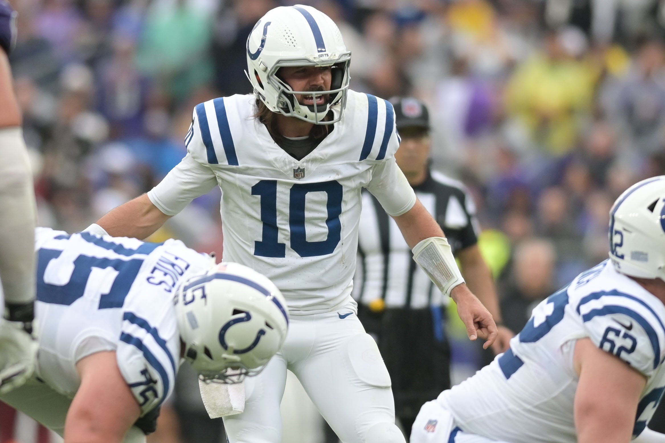Sep 24, 2023; Baltimore, Maryland, USA; Indianapolis Colts quarterback Gardner Minshew (10) calls a play at the line during the first half against the Baltimore Ravens at M&T Bank Stadium.