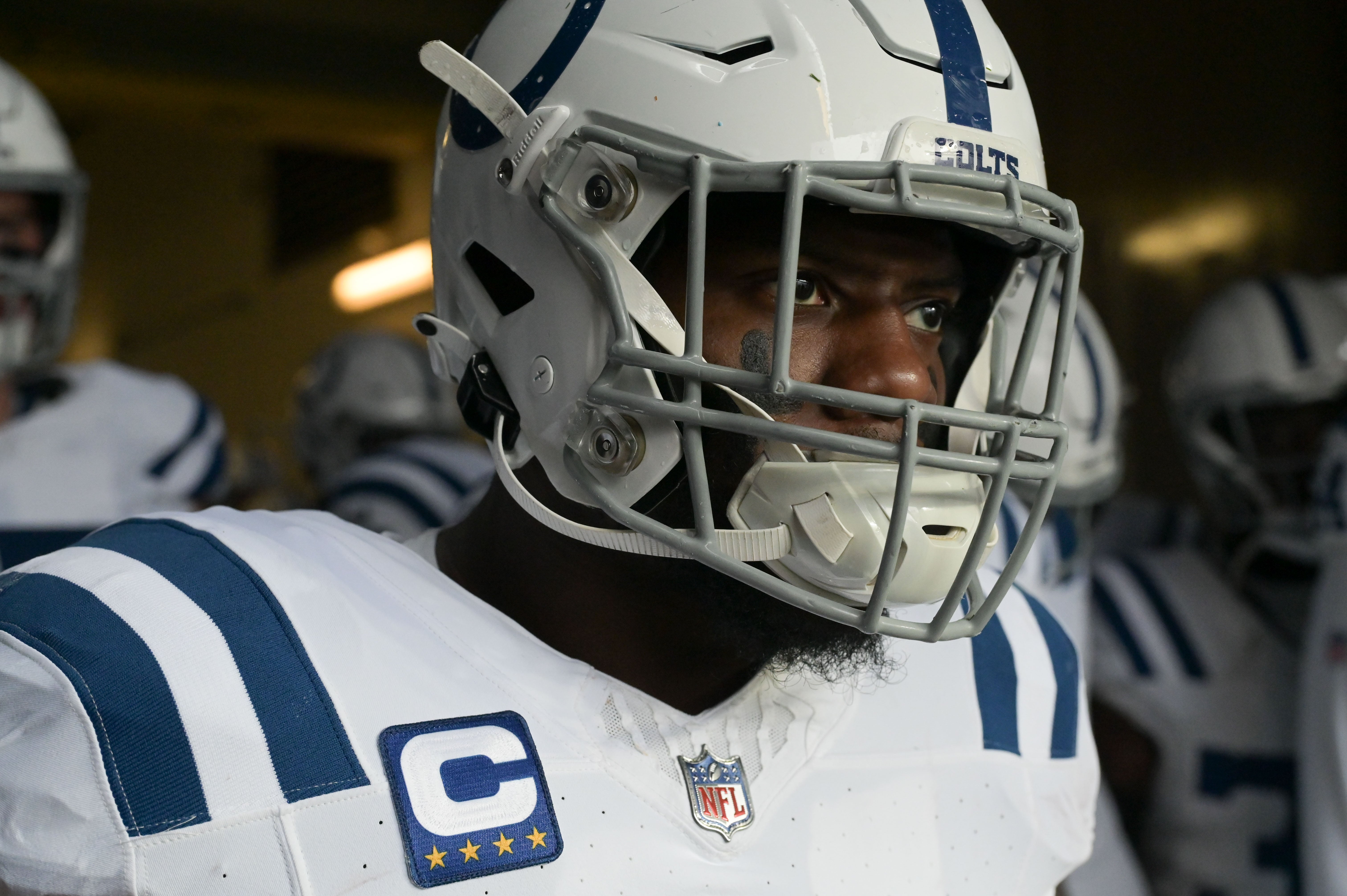 Sep 24, 2023; Baltimore, Maryland, USA; Indianapolis Colts linebacker Zaire Franklin (44) waits to enter the field before the game against the Baltimore Ravens at M&T Bank Stadium.