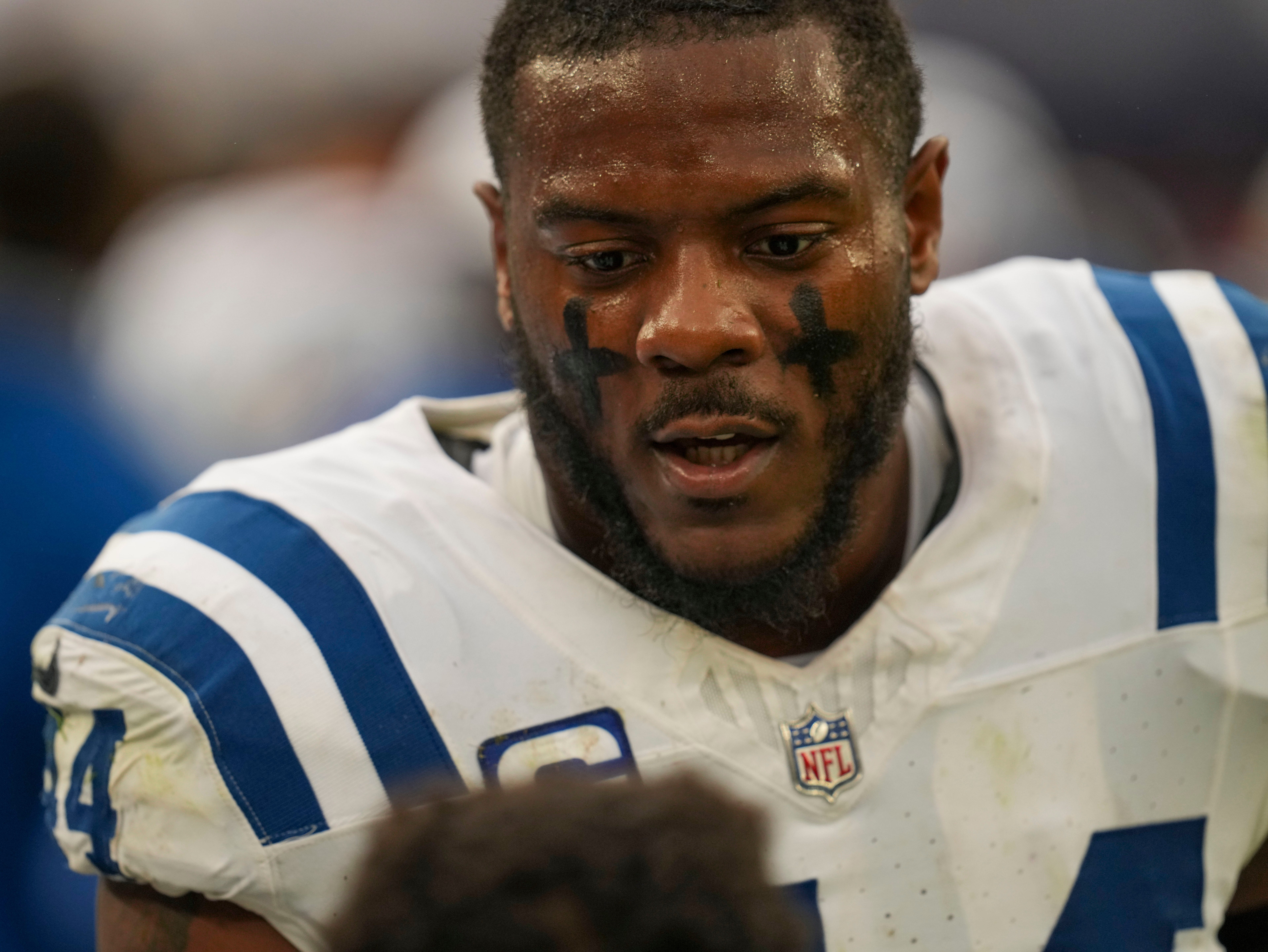 Indianapolis Colts linebacker Zaire Franklin (44) on the sidelines on Sunday, Sept. 24, 2023, at M&T Bank Stadium in Baltimore.