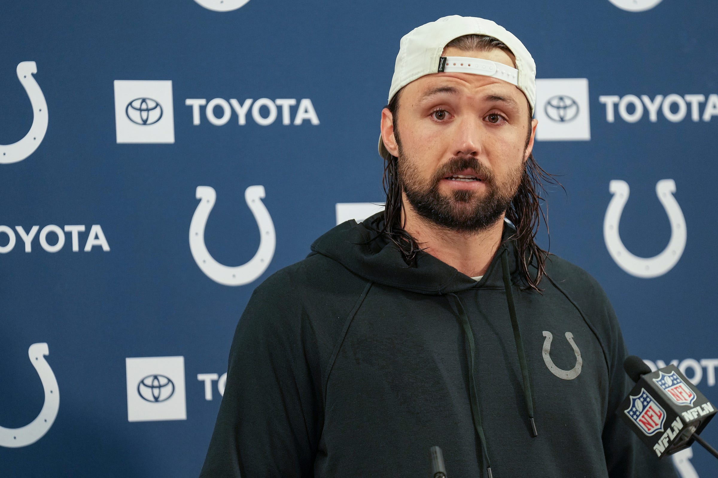 Indianapolis Colts quarterback Gardner Minshew (10) speaks Sunday, Sept. 24, 2023, during a post-game press conference at M&T Bank Stadium in Baltimore. The Colts defeated the Ravens in overtime, 22-19.