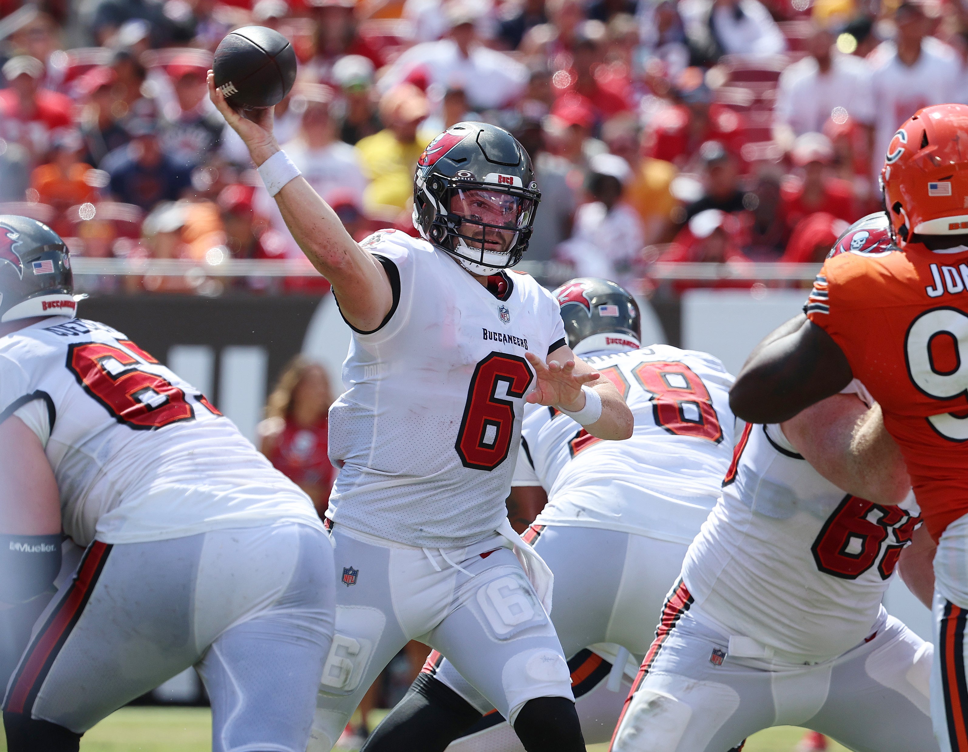Sep 17, 2023; Tampa, Florida, USA; Tampa Bay Buccaneers quarterback Baker Mayfield (6) throws the ball against the Chicago Bears during the second half at Raymond James Stadium. Mandatory Credit: Kim Klement Neitzel-USA TODAY Sports