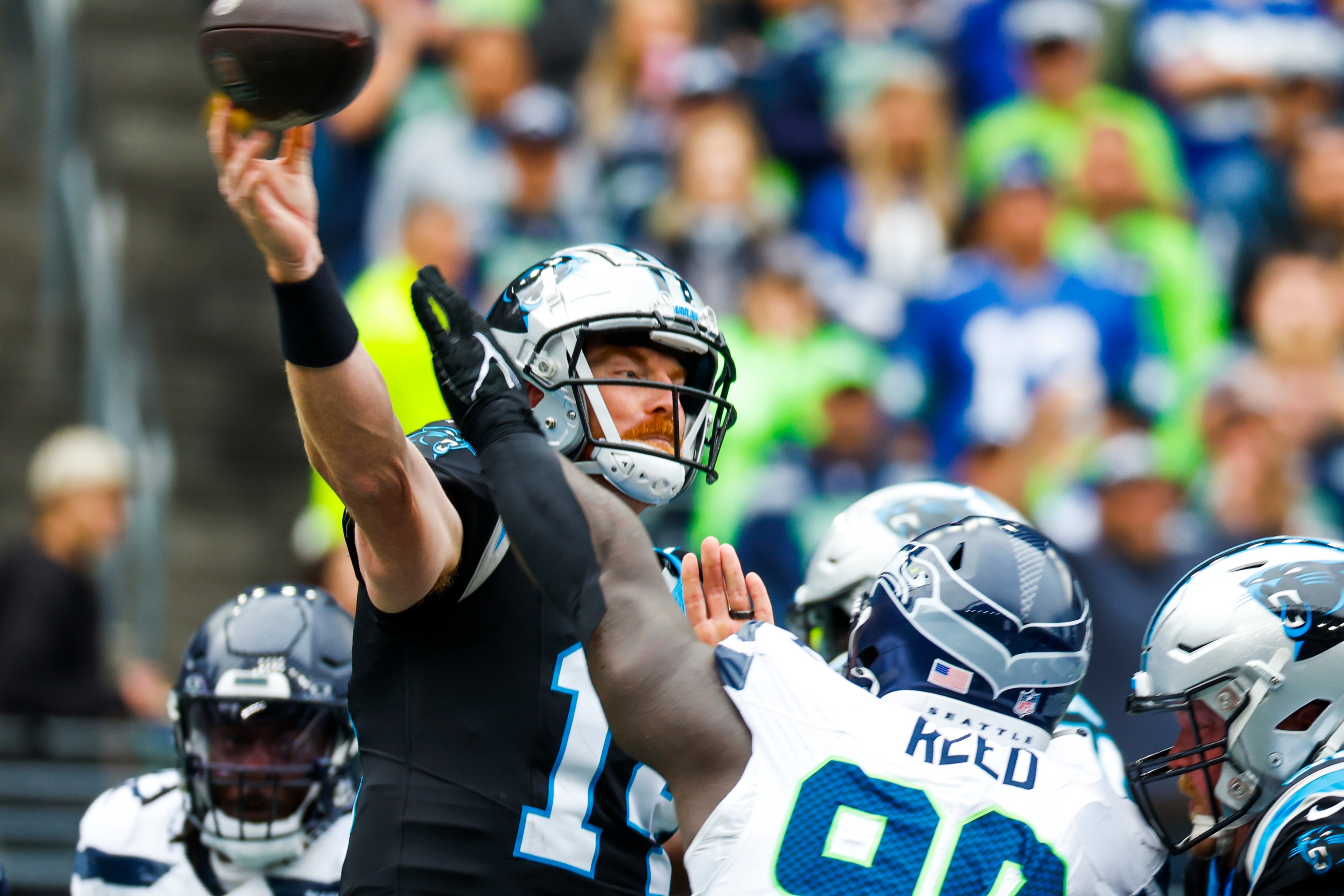 Sep 24, 2023; Seattle, Washington, USA; Carolina Panthers quarterback Andy Dalton (14) passes against the Carolina Panthers against the Seattle Seahawks during the second quarter at Lumen Field. Mandatory Credit: Joe Nicholson-USA TODAY Sports