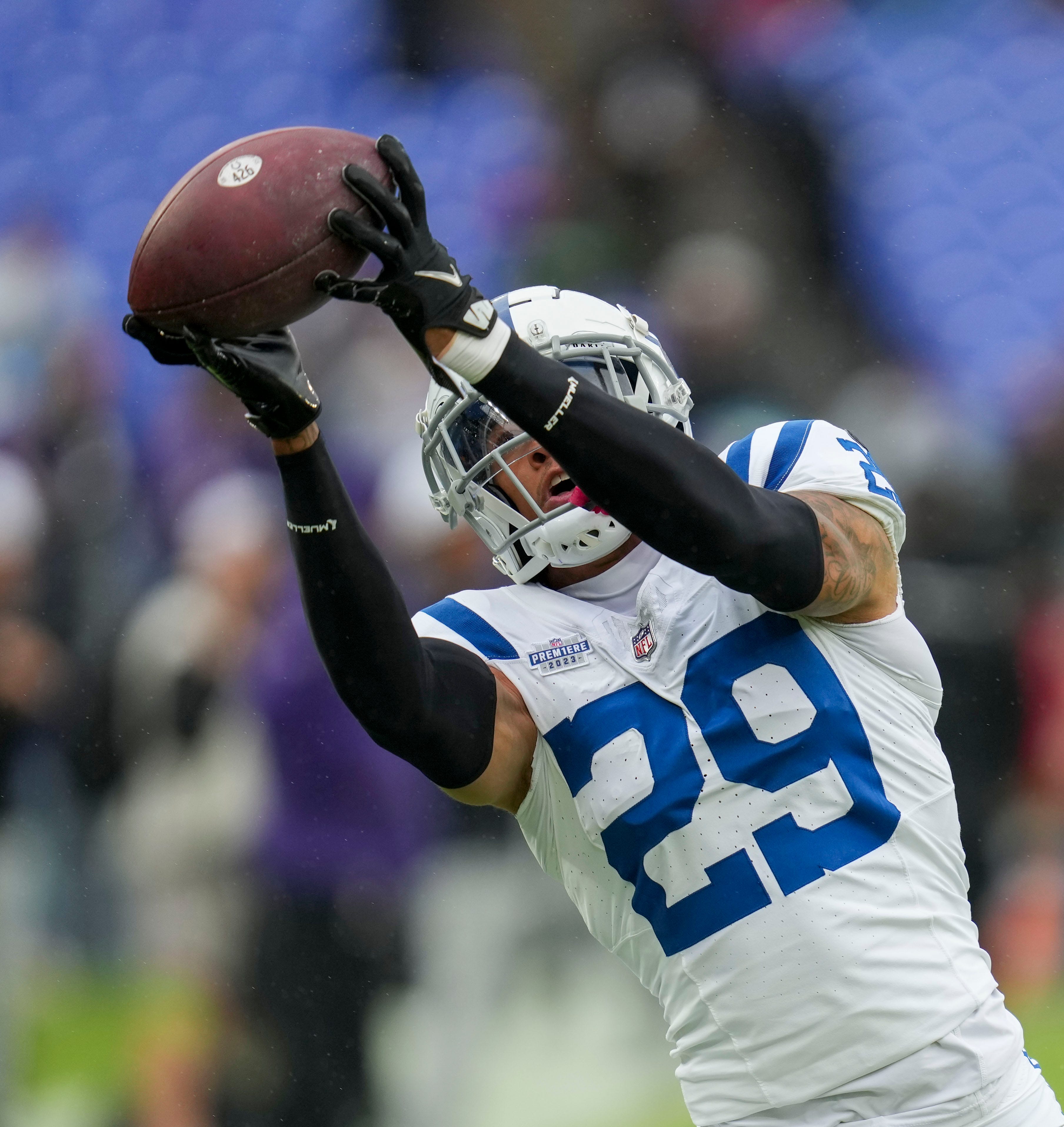Indianapolis Colts cornerback JuJu Brents (29) warms up on Sunday, Sept. 24, 2023, at M&T Bank Stadium in Baltimore.