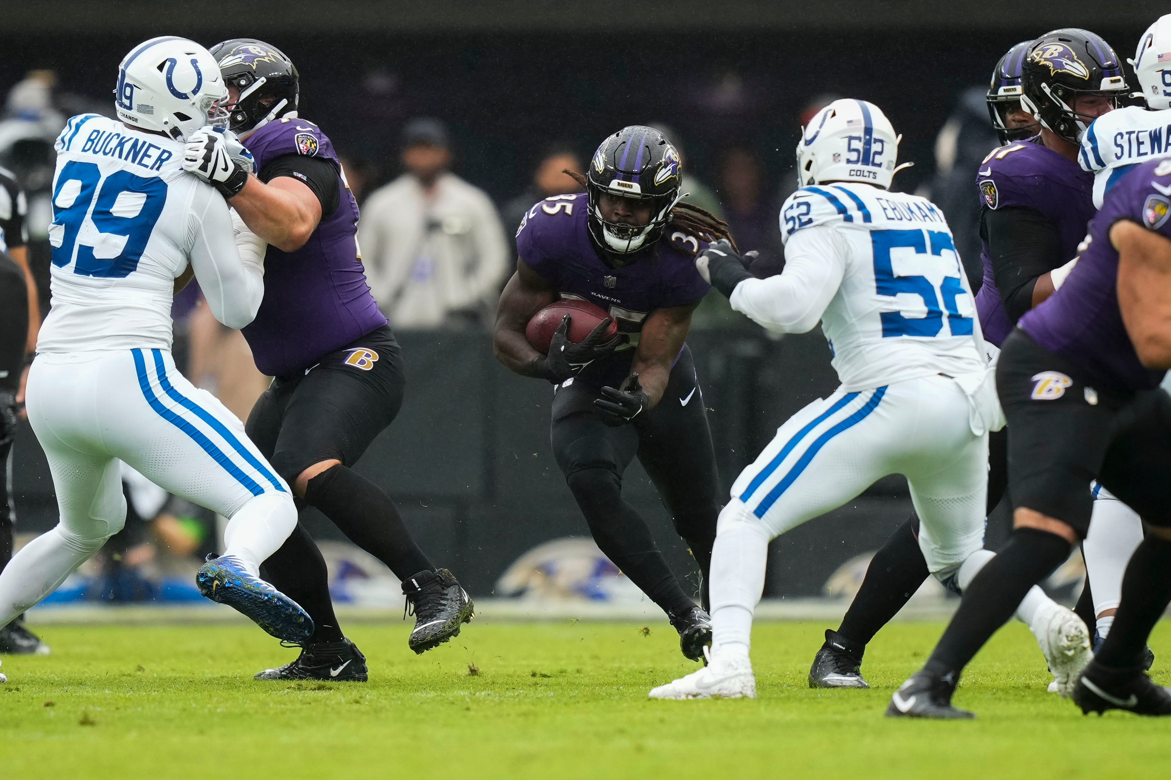 Sep 24, 2023; Baltimore, Maryland, USA; Baltimore Ravens running back Gus Edwards (35) rushes the football against the Indianapolis Colts in the first quarter at M&T Bank Stadium. Mandatory Credit: Brent Skeen-USA TODAY Sports