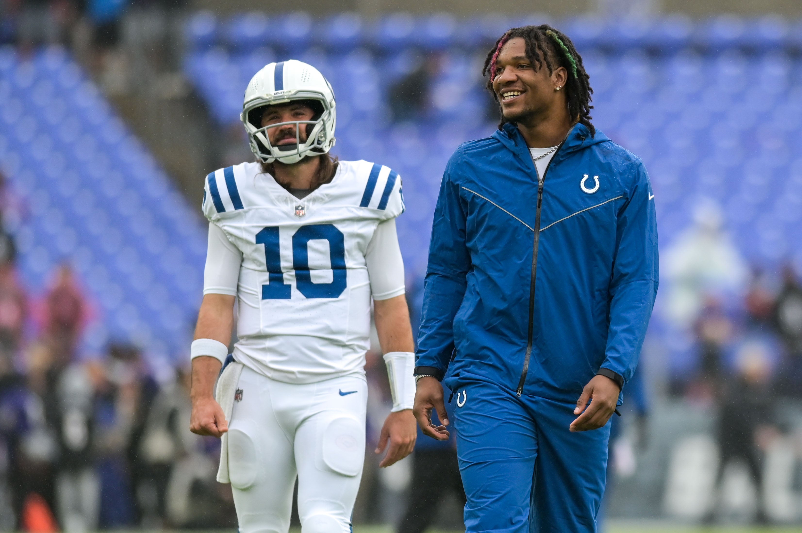 Sep 24, 2023; Baltimore, Maryland, USA; Indianapolis Colts quarterback Anthony Richardson (5) walks with quarterback Gardner Minshew (10) on the field before the game against the Baltimore Ravens at M&T Bank Stadium.
