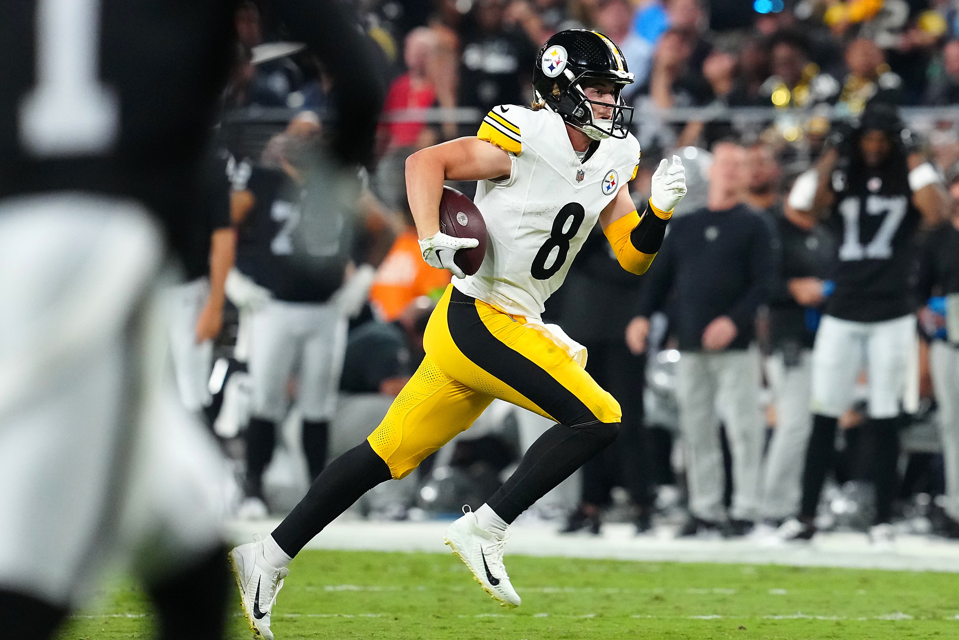 Sep 24, 2023; Paradise, Nevada, USA; Pittsburgh Steelers quarterback Kenny Pickett (8) runs with the ball against the Las Vegas Raiders during the second quarter at Allegiant Stadium. Mandatory Credit: Stephen R. Sylvanie-USA TODAY Sports