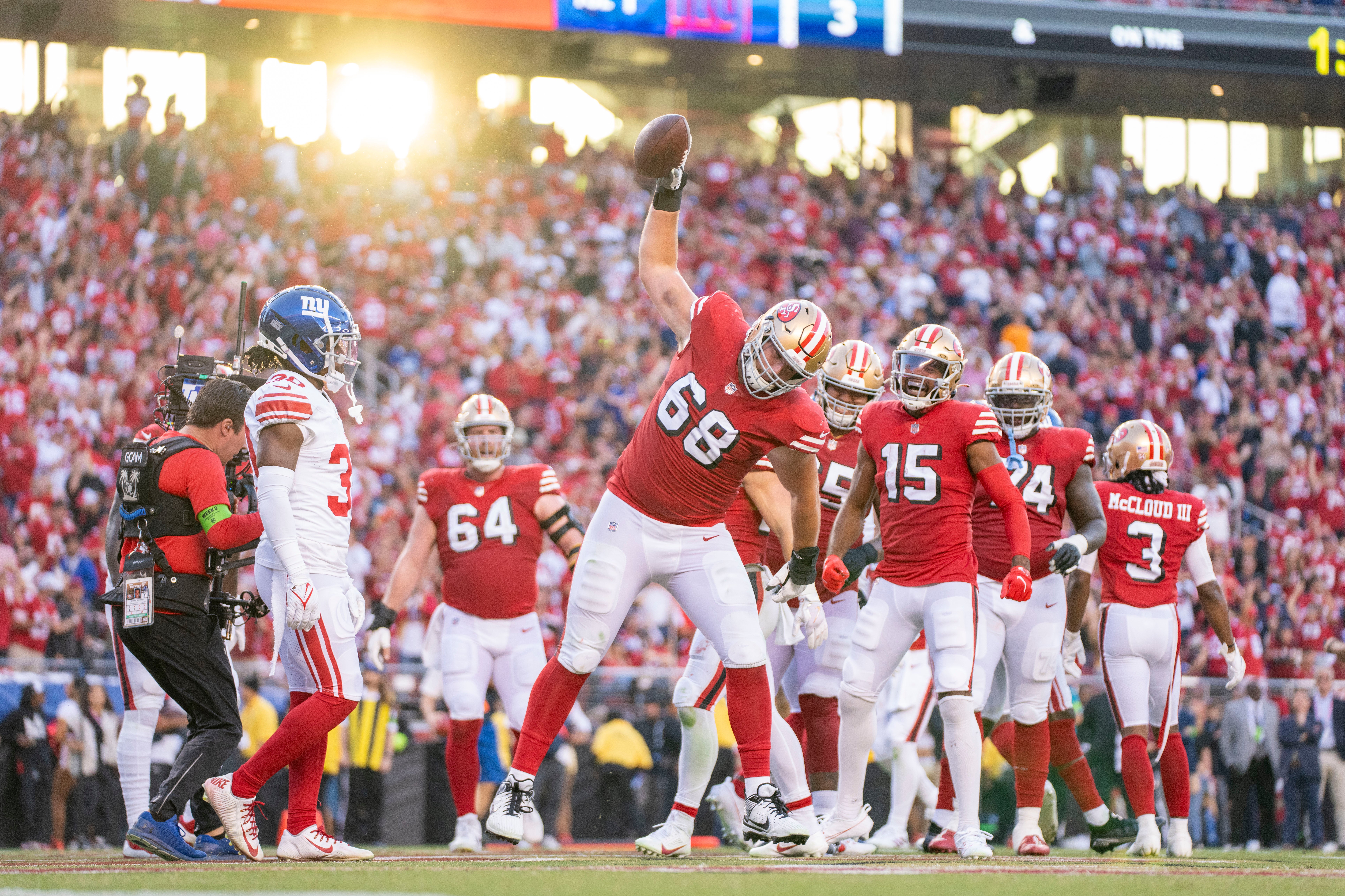 September 21, 2023; Santa Clara, California, USA; San Francisco 49ers offensive tackle Colton McKivitz (68) celebrates after running back Christian McCaffrey (not pictured) scored a touchdown against the New York Giants during the second quarter at Levi's Stadium. Mandatory Credit: Kyle Terada-USA TODAY Sports