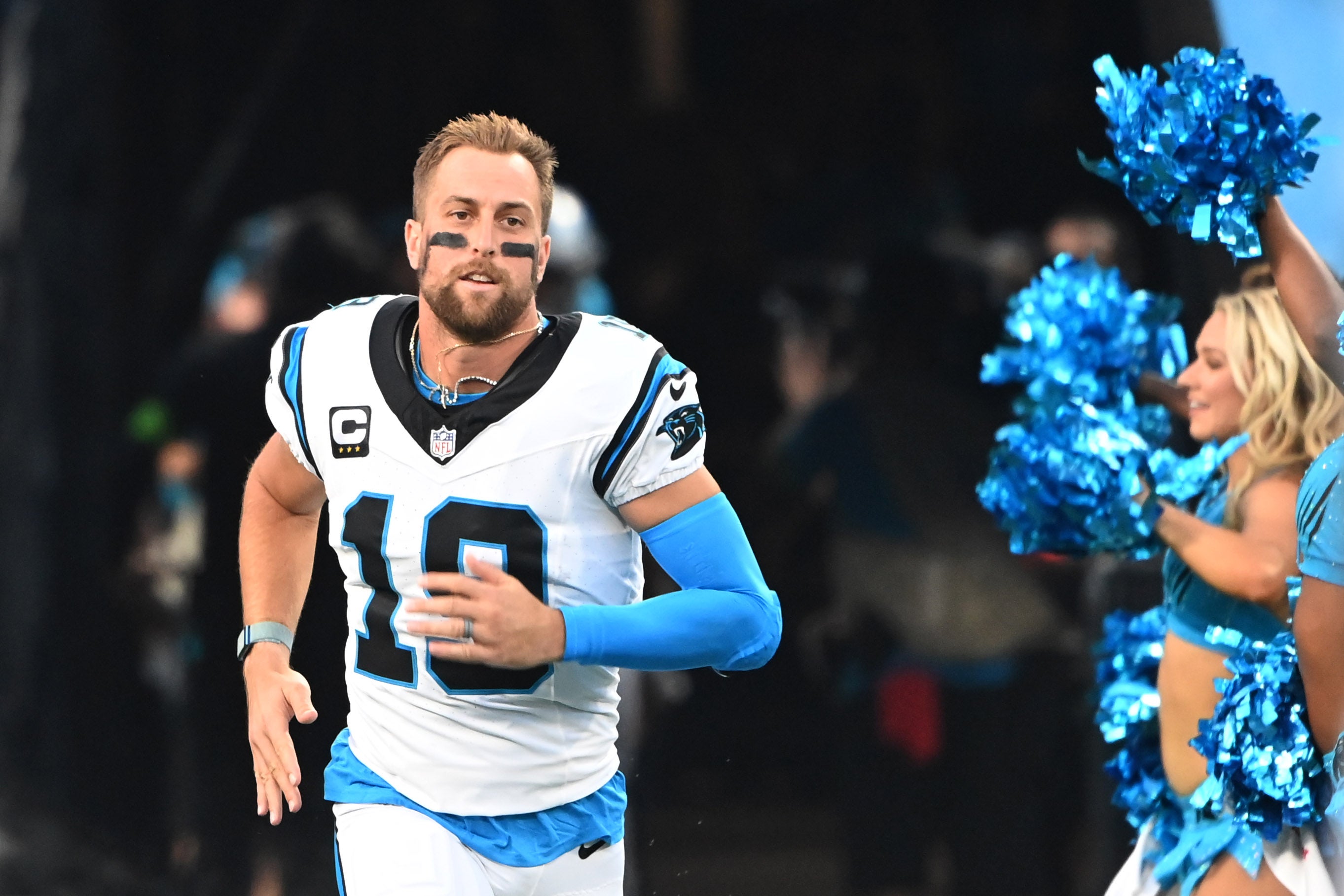 Sep 18, 2023; Charlotte, North Carolina, USA; Carolina Panthers wide receiver Adam Thielen (19) runs on to the field before the game at Bank of America Stadium. Mandatory Credit: Bob Donnan-USA TODAY Sports.