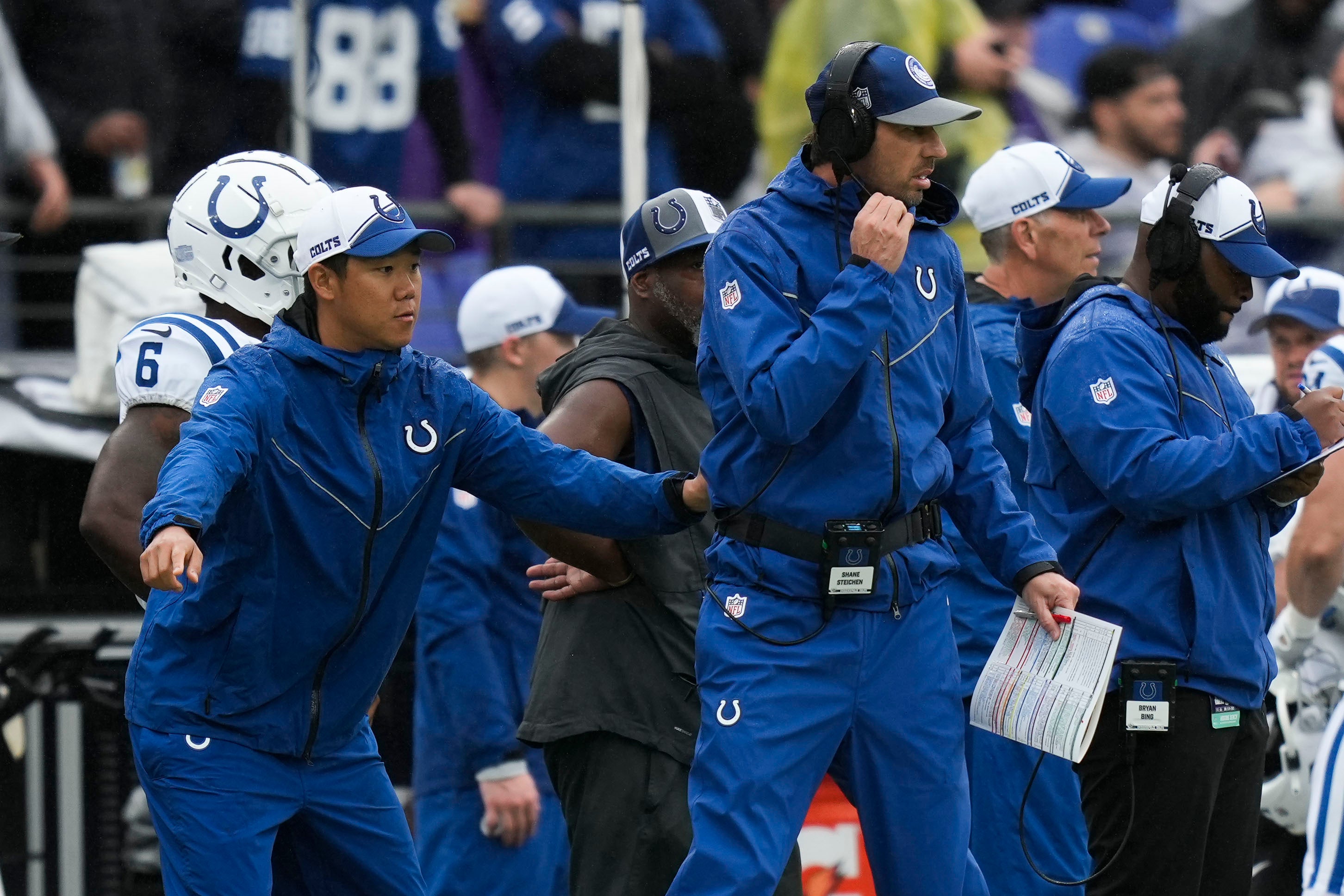 Sep 24, 2023; Baltimore, Maryland, USA; Indianapolis Colts head coach Shane Steichen (right) stands on the sideline in the first half in a game against the Baltimore Ravens at M&T Bank Stadium.