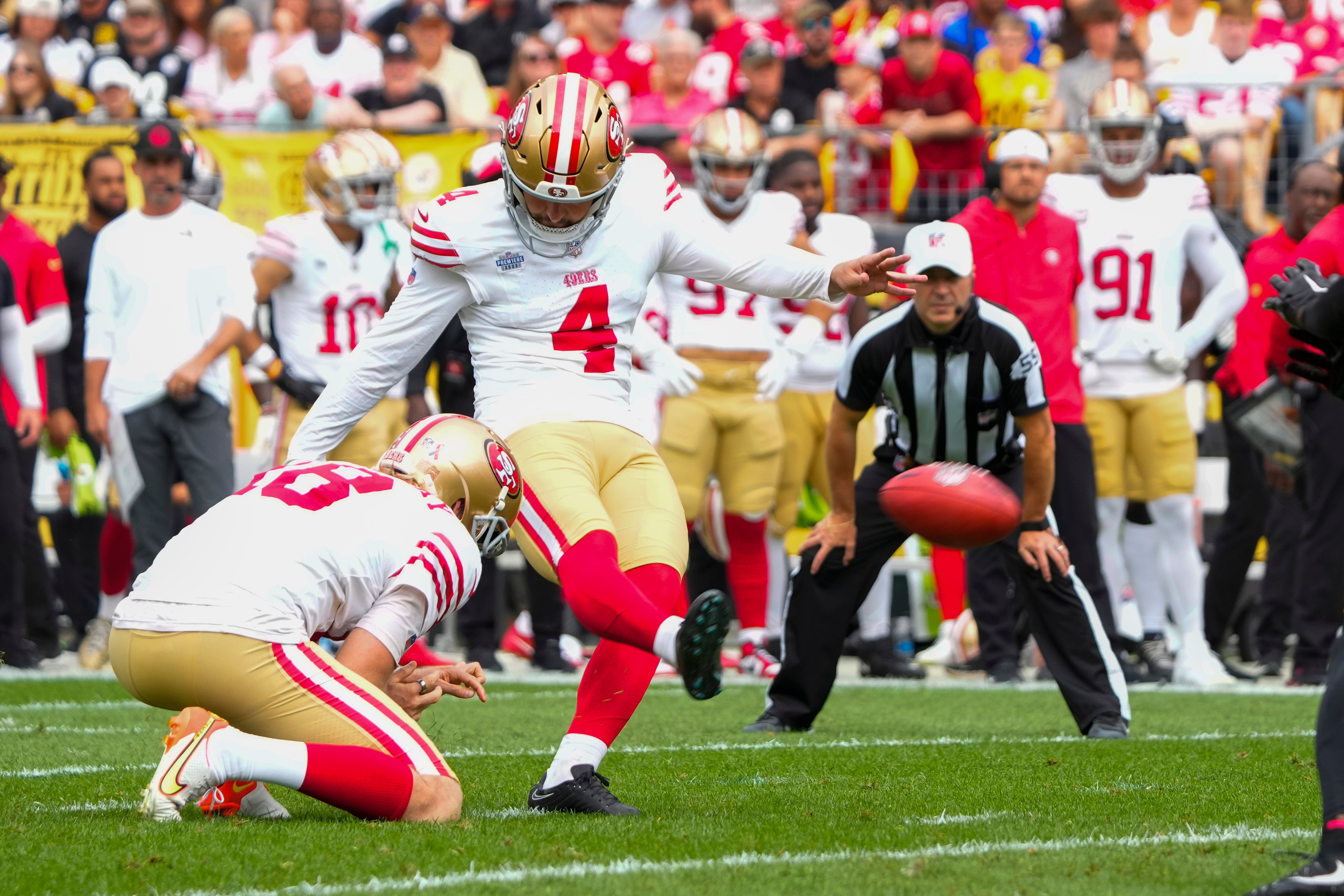 Sep 10, 2023; Pittsburgh, Pennsylvania, USA; San Francisco 49ers place kicker Jake Moody (4) kicks a field goal against the Pittsburgh Steelers during the first half at Acrisure Stadium.
