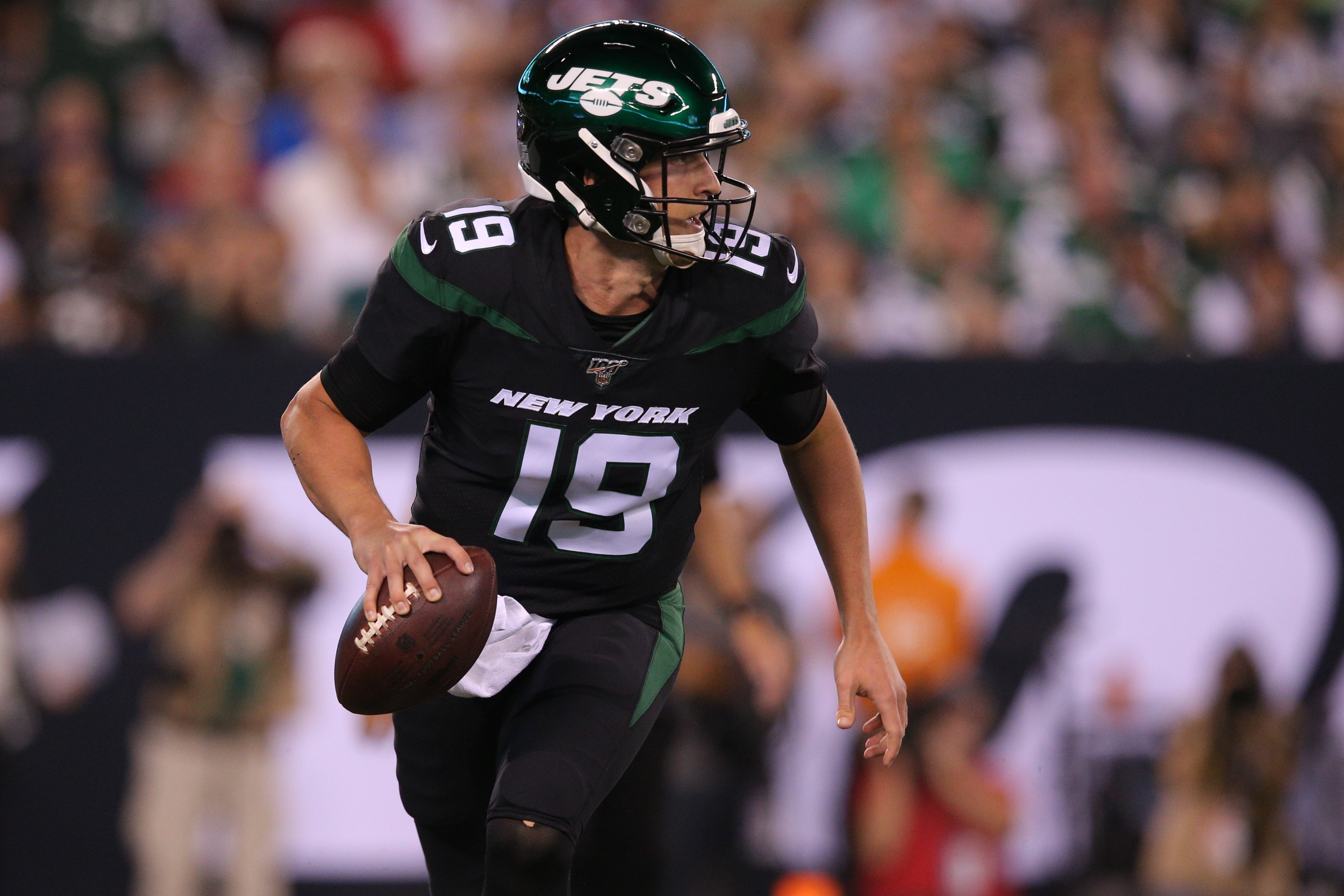 Sep 16, 2019; East Rutherford, NJ, USA; New York Jets quarterback Trevor Siemian (19) looks to pass against the Cleveland Browns during the first quarter at MetLife Stadium. Mandatory Credit: Brad Penner-USA TODAY Sports
