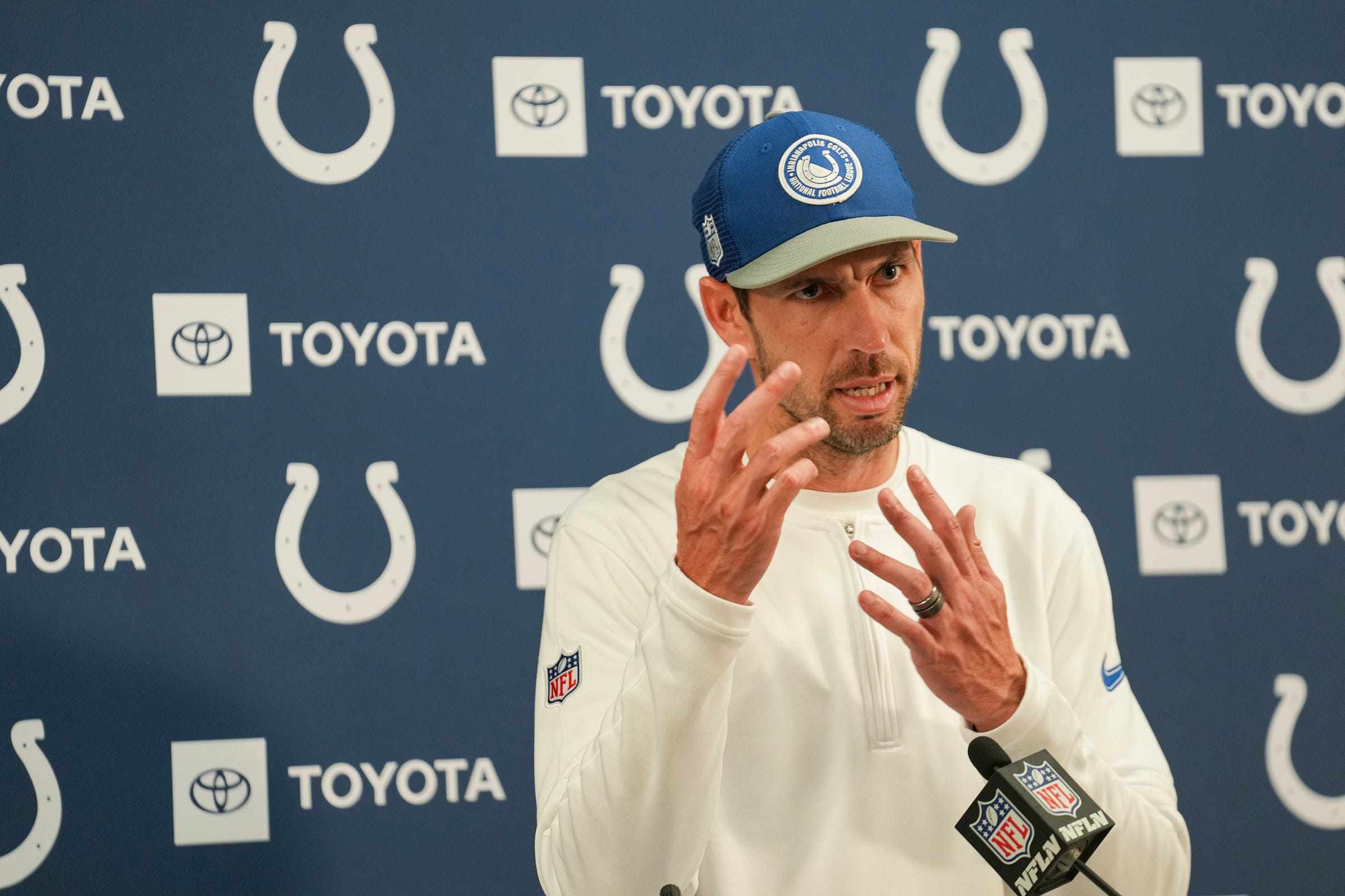 Indianapolis Colts head coach Shane Steichen speaks Sunday, Sept. 24, 2023, during a post-game press conference at M&T Bank Stadium in Baltimore. The Colts defeated the Ravens in overtime, 22-19.