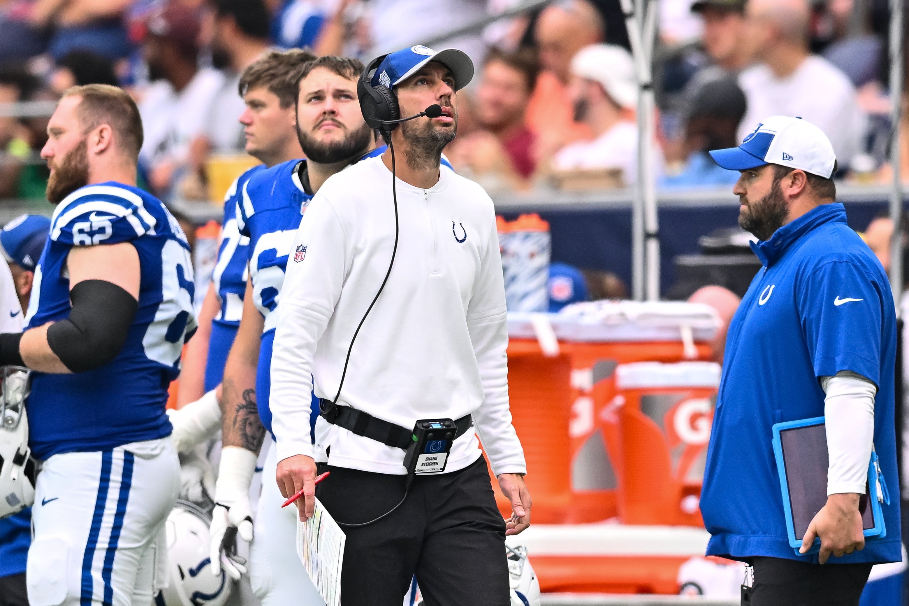 Sep 17, 2023; Houston, Texas, USA; Indianapolis Colts head coach Shane Steichen looks on during the first half against the Houston Texans at NRG Stadium.