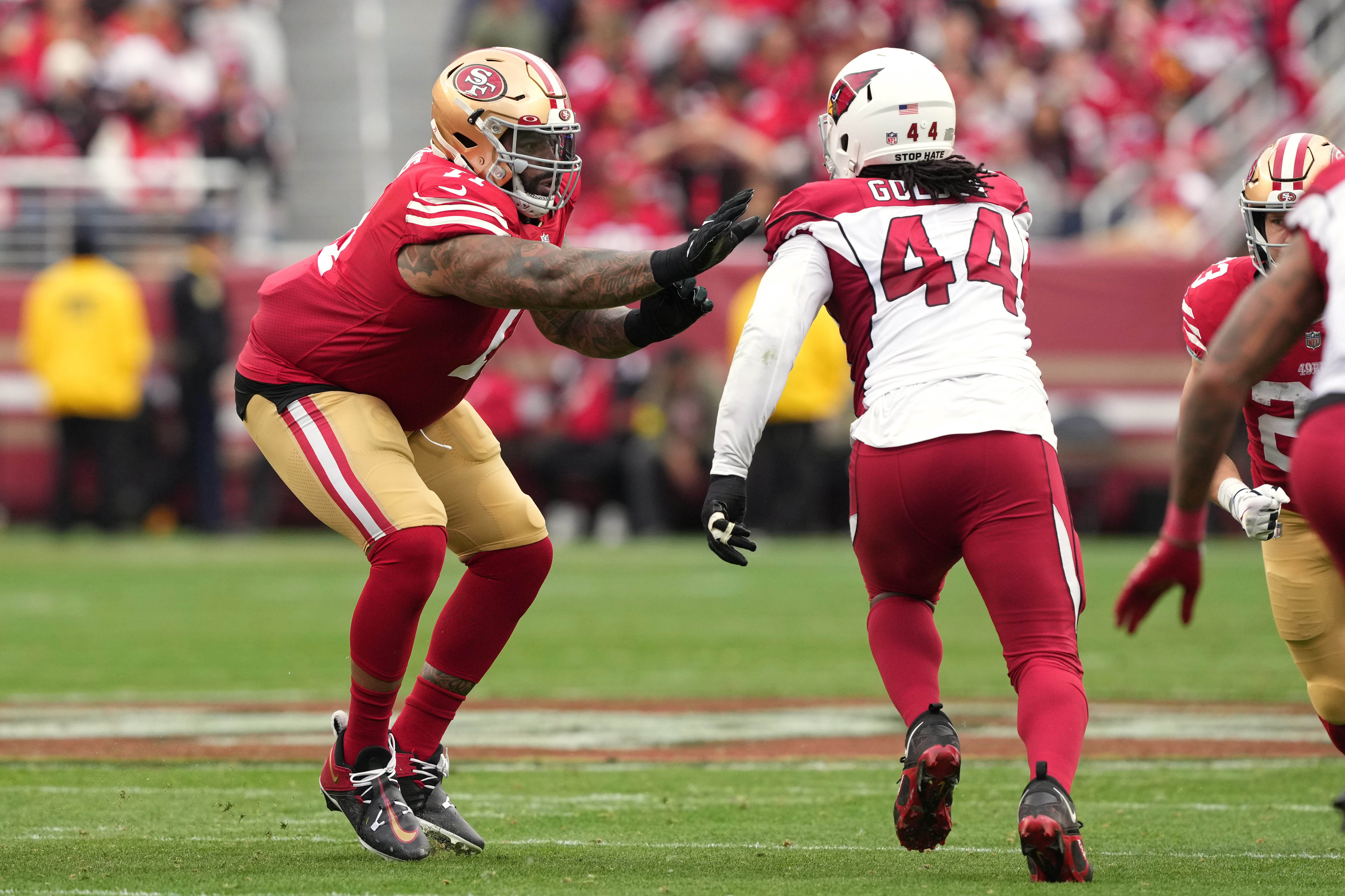 Jan 8, 2023; Santa Clara, California, USA; San Francisco 49ers offensive tackle Trent Williams (71) blocks Arizona Cardinals linebacker Markus Golden (44) during the second quarter at Levi's Stadium