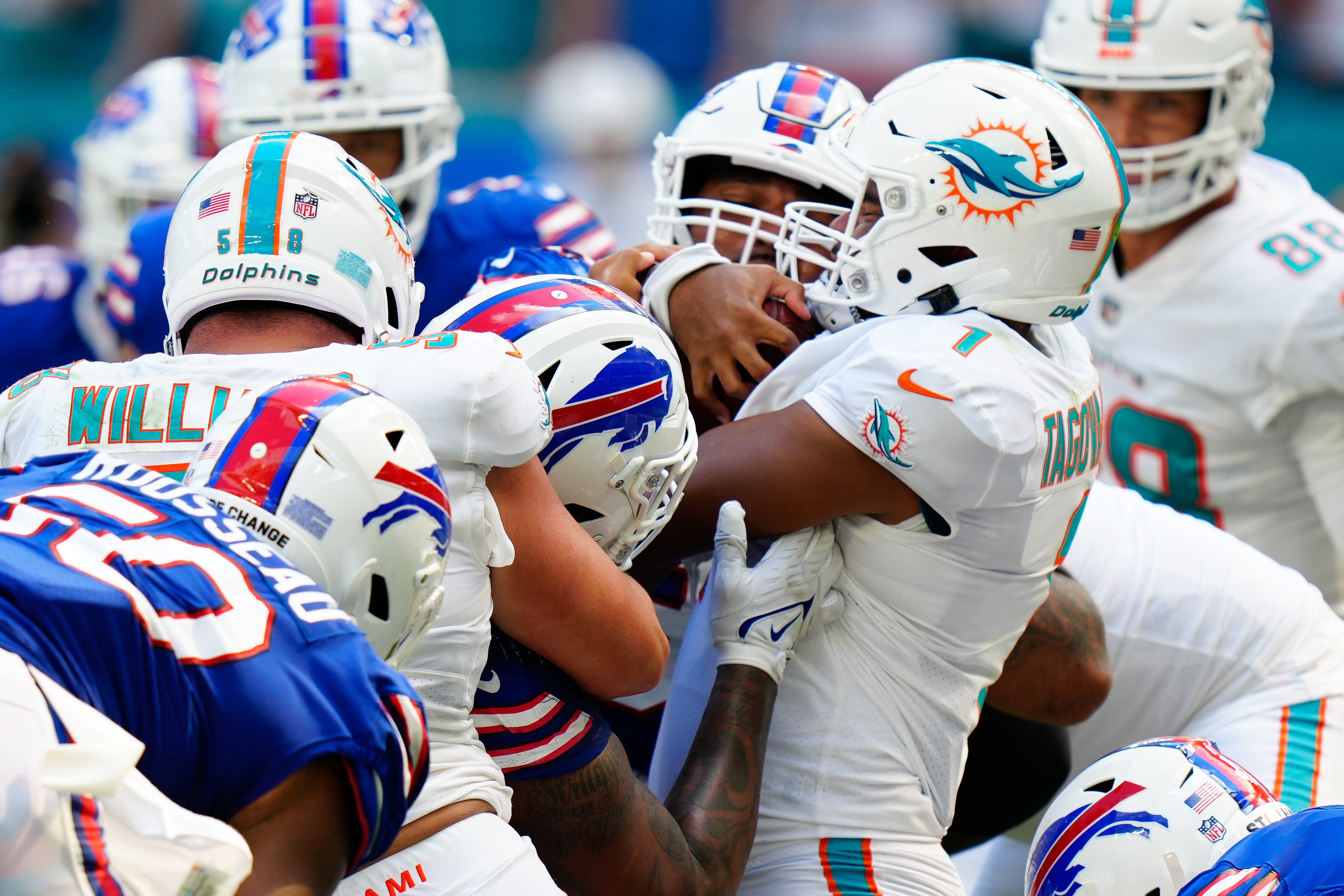Dolphins QB Tua Tagovailoa hit by multiple Bills defenders