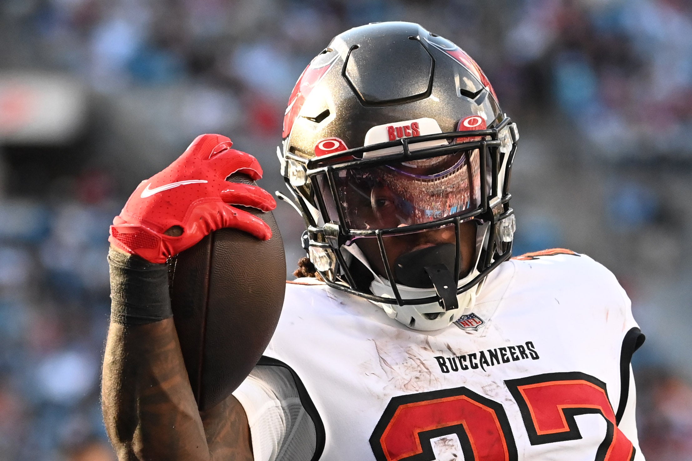 Dec 26, 2021; Charlotte, North Carolina, USA; Tampa Bay Buccaneers running back Ronald Jones (27) runs for a touch down in the third quarter at Bank of America Stadium.