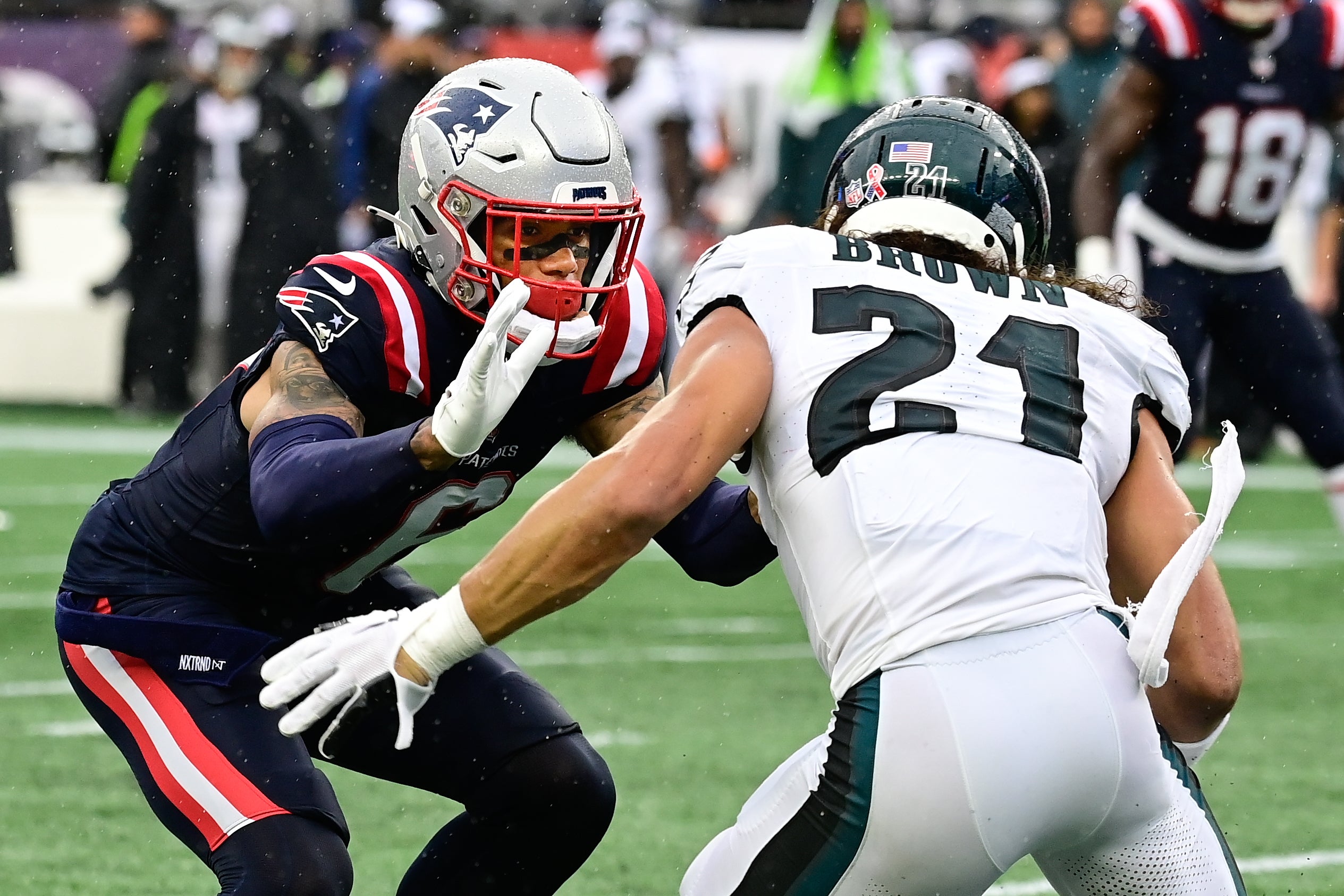 Sep 10, 2023; Foxborough, Massachusetts, USA; New England Patriots cornerback Christian Gonzalez (6) lines up on Philadelphia Eagles safety Sydney Brown (21) during the first half at Gillette Stadium.