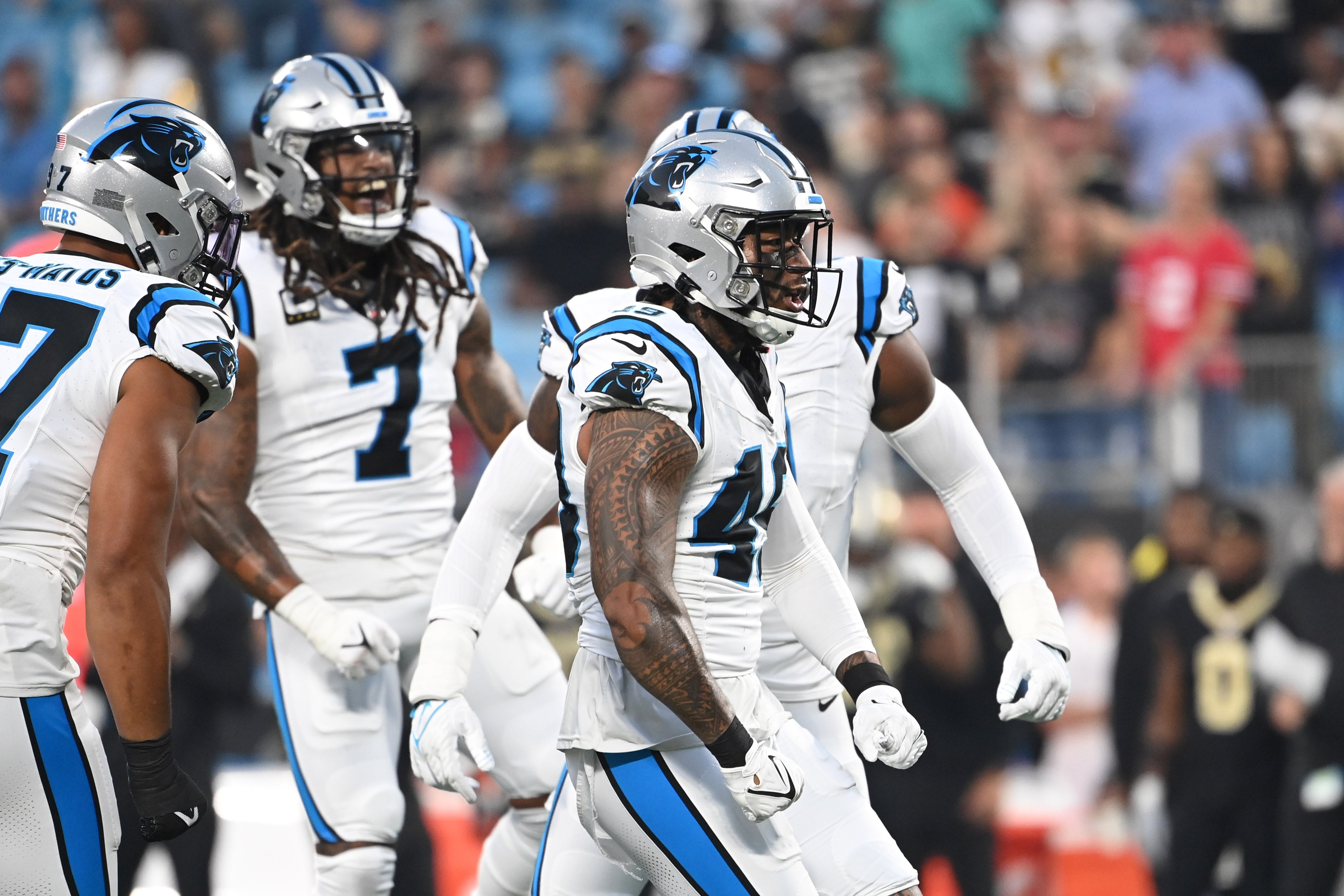 Sep 18, 2023; Charlotte, North Carolina, USA; Carolina Panthers linebacker Frankie Luvu (49) reacts in the first quarter at Bank of America Stadium. Mandatory Credit: Bob Donnan-USA TODAY Sports