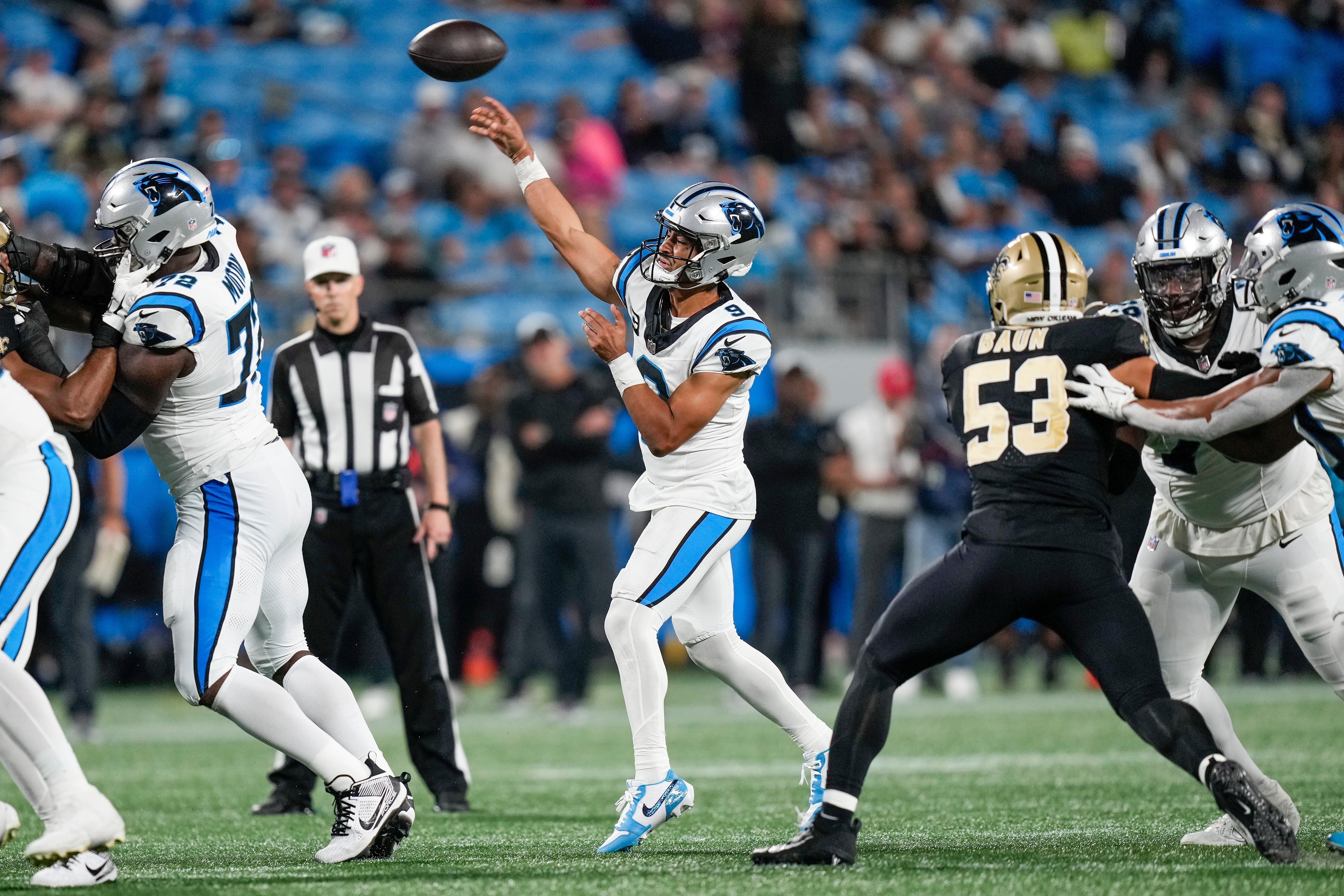 Bryce Young throws against the New Orleans Saints.