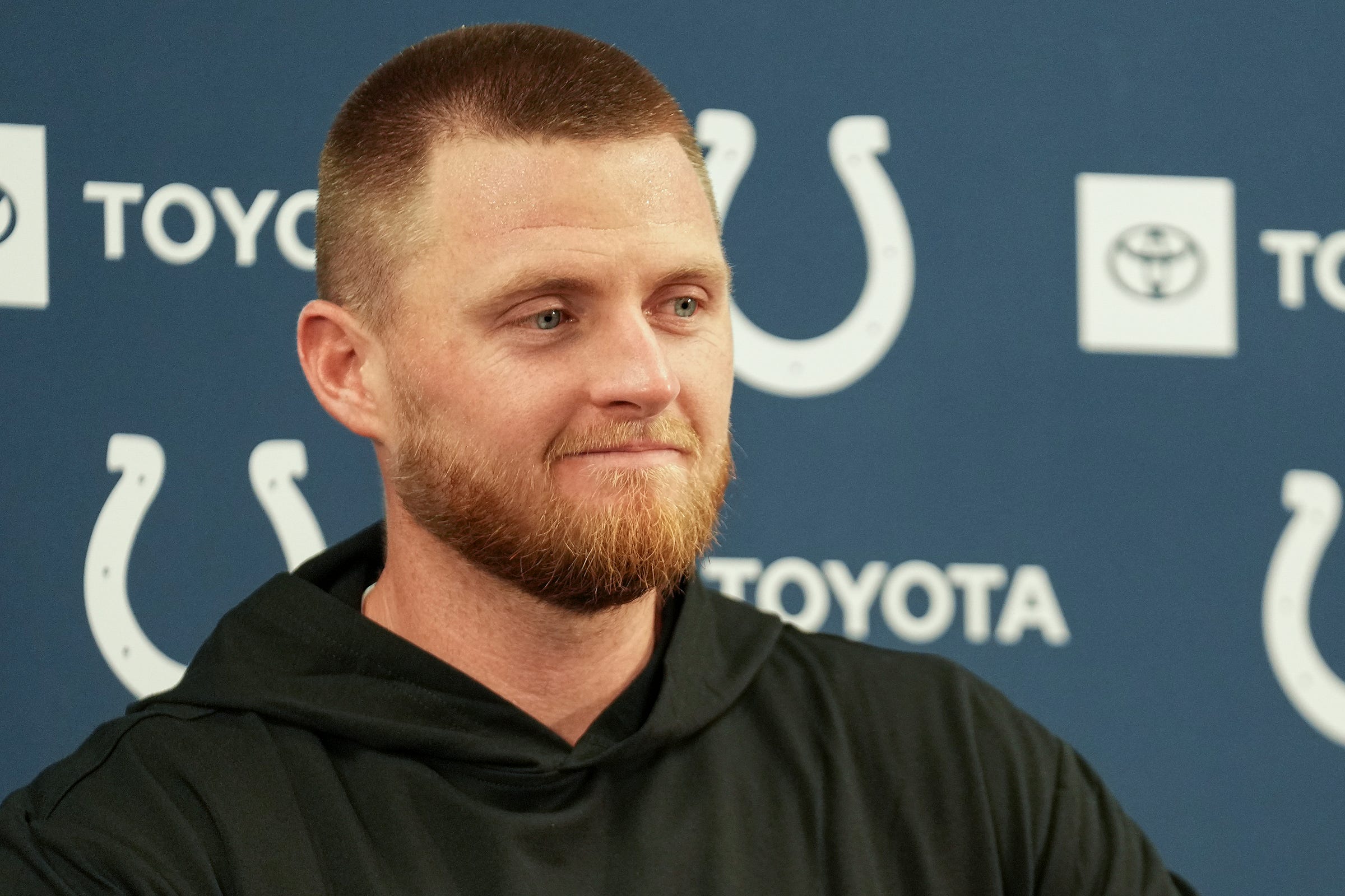 Indianapolis Colts place kicker Matt Gay (7) speaks Sunday, Sept. 24, 2023, during a post-game press conference at M&T Bank Stadium in Baltimore. The Colts defeated the Ravens in overtime, 22-19.