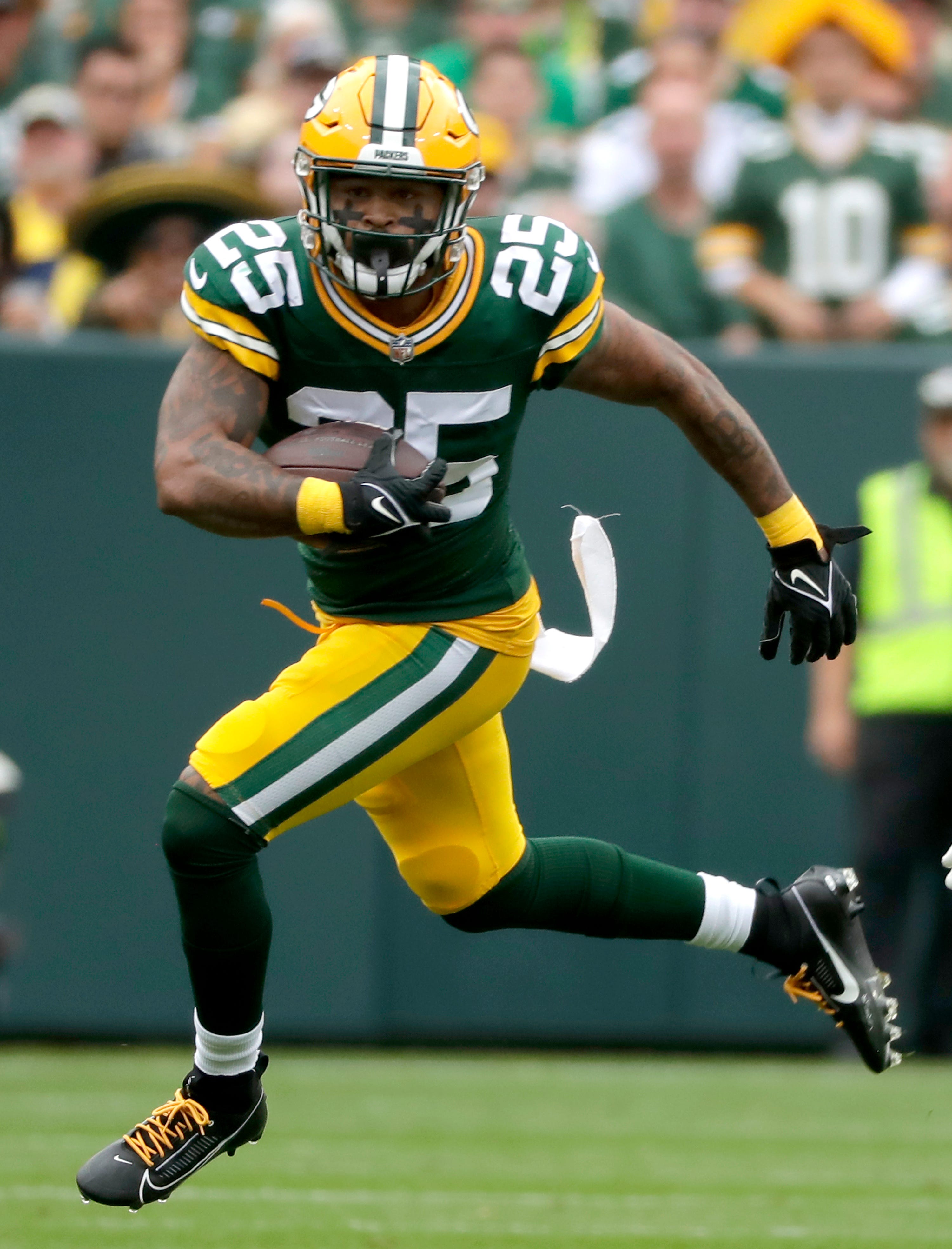 Green Bay Packers cornerback Keisean Nixon (25) against the New Orleans Saints during their football game Sunday, September 24, 2023, at Lambeau Field in Green Bay, Wis