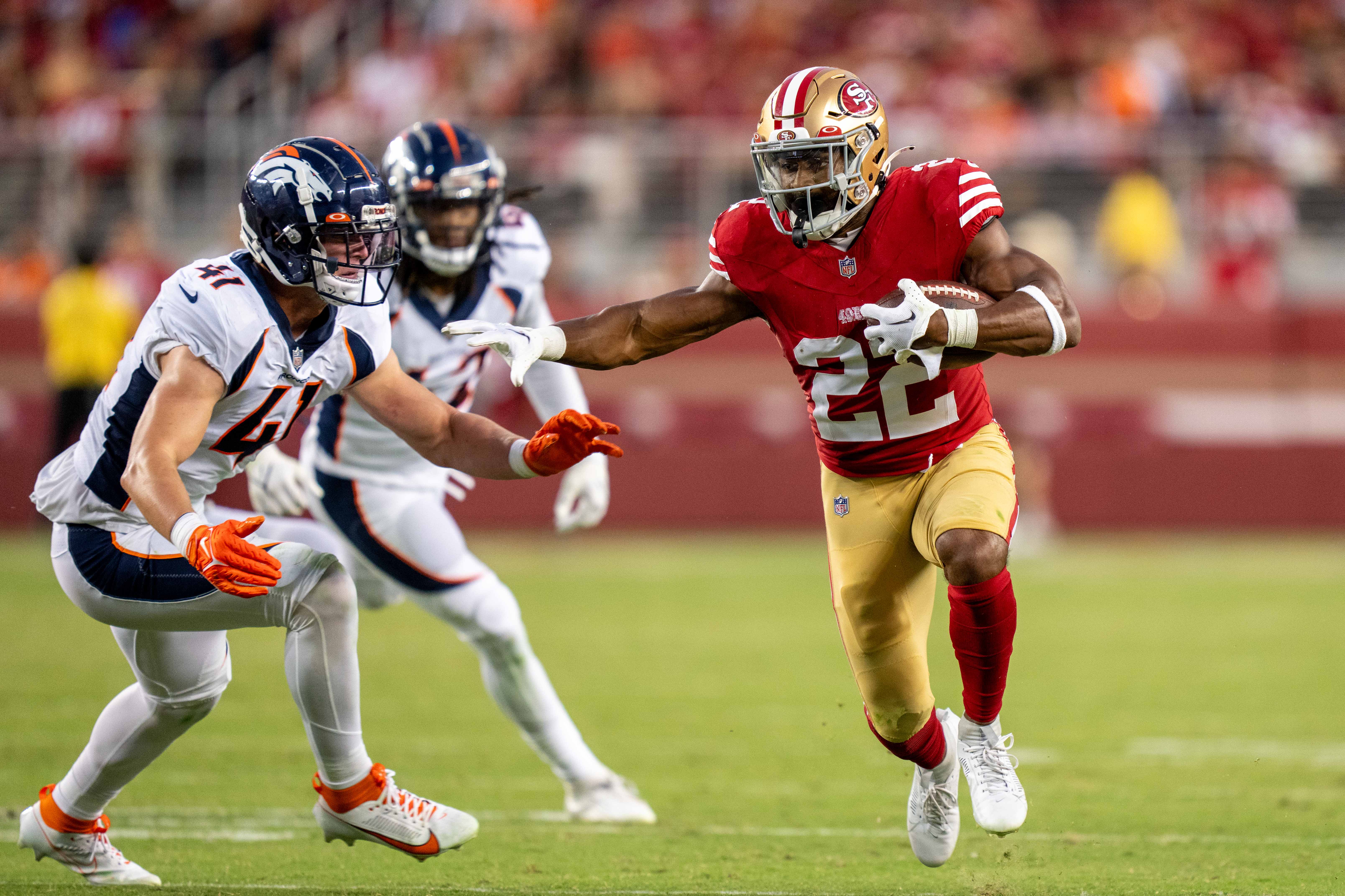 August 19, 2023; Santa Clara, California, USA; San Francisco 49ers running back Jeremy McNichols (22) during the fourth quarter against the Denver Broncos at Levi's Stadium.