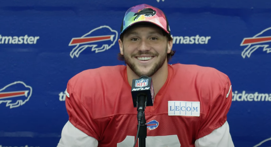 Buffalo Bills QB Josh Allen smiling to the camera during a press conference