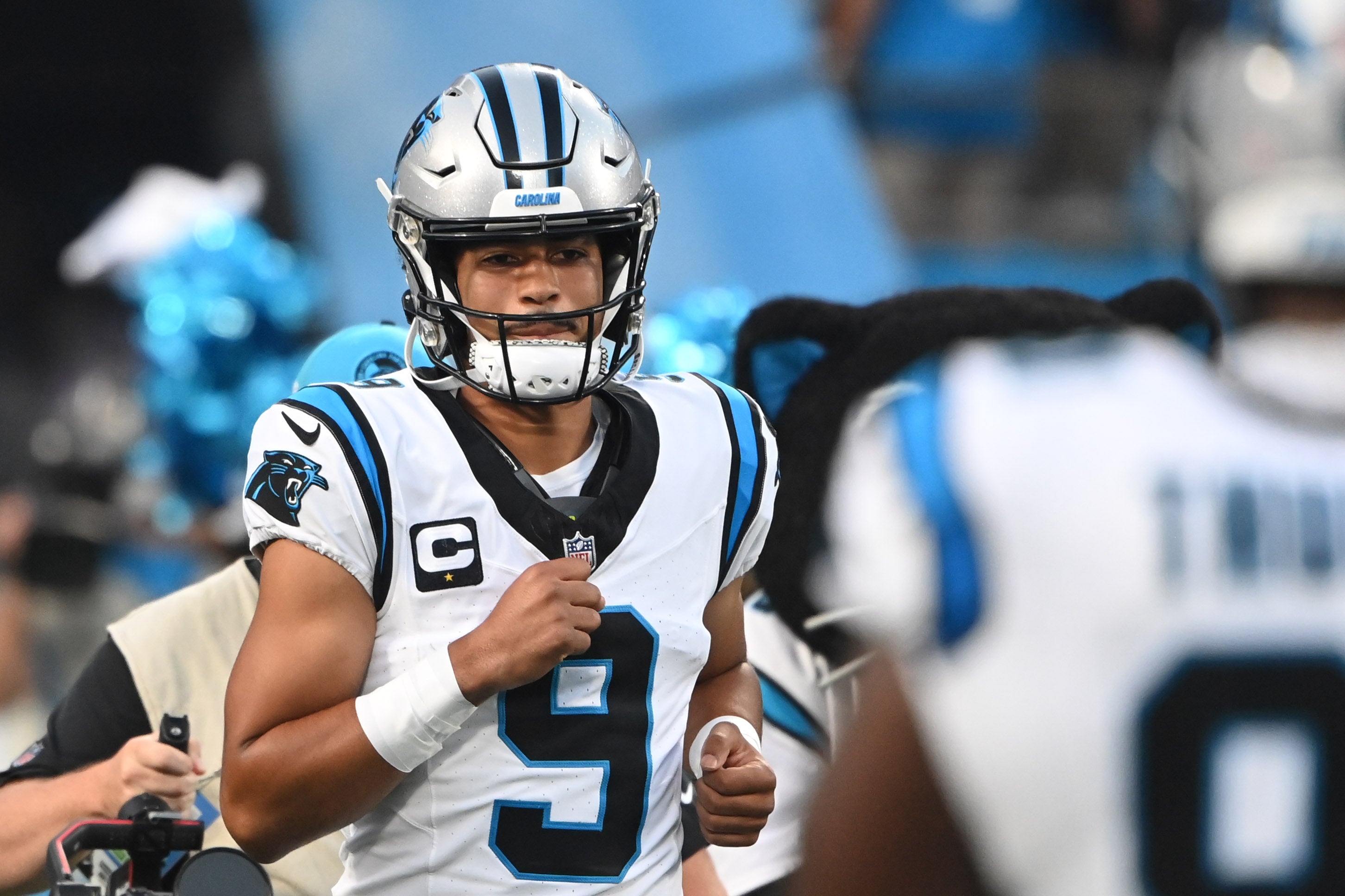 Sep 18, 2023; Charlotte, North Carolina, USA; Carolina Panthers quarterback Bryce Young (9) runs onto the field before the game at Bank of America Stadium. Mandatory Credit: Bob Donnan-USA TODAY Sports.