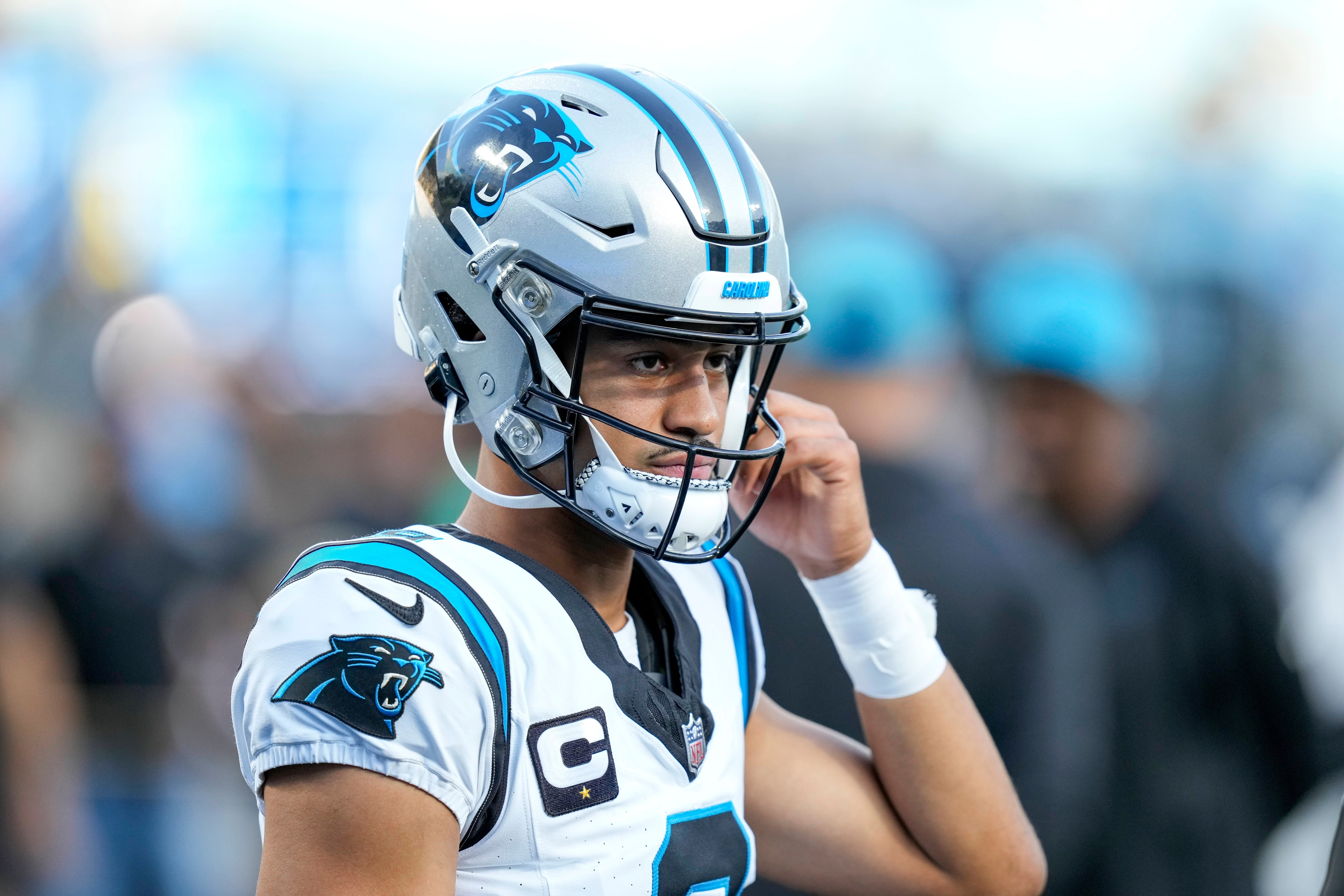 Sep 18, 2023; Charlotte, North Carolina, USA; Carolina Panthers quarterback Bryce Young (9) during pregame warm ups against the New Orleans Saints at Bank of America Stadium. Mandatory Credit: Jim Dedmon-USA TODAY Sports.