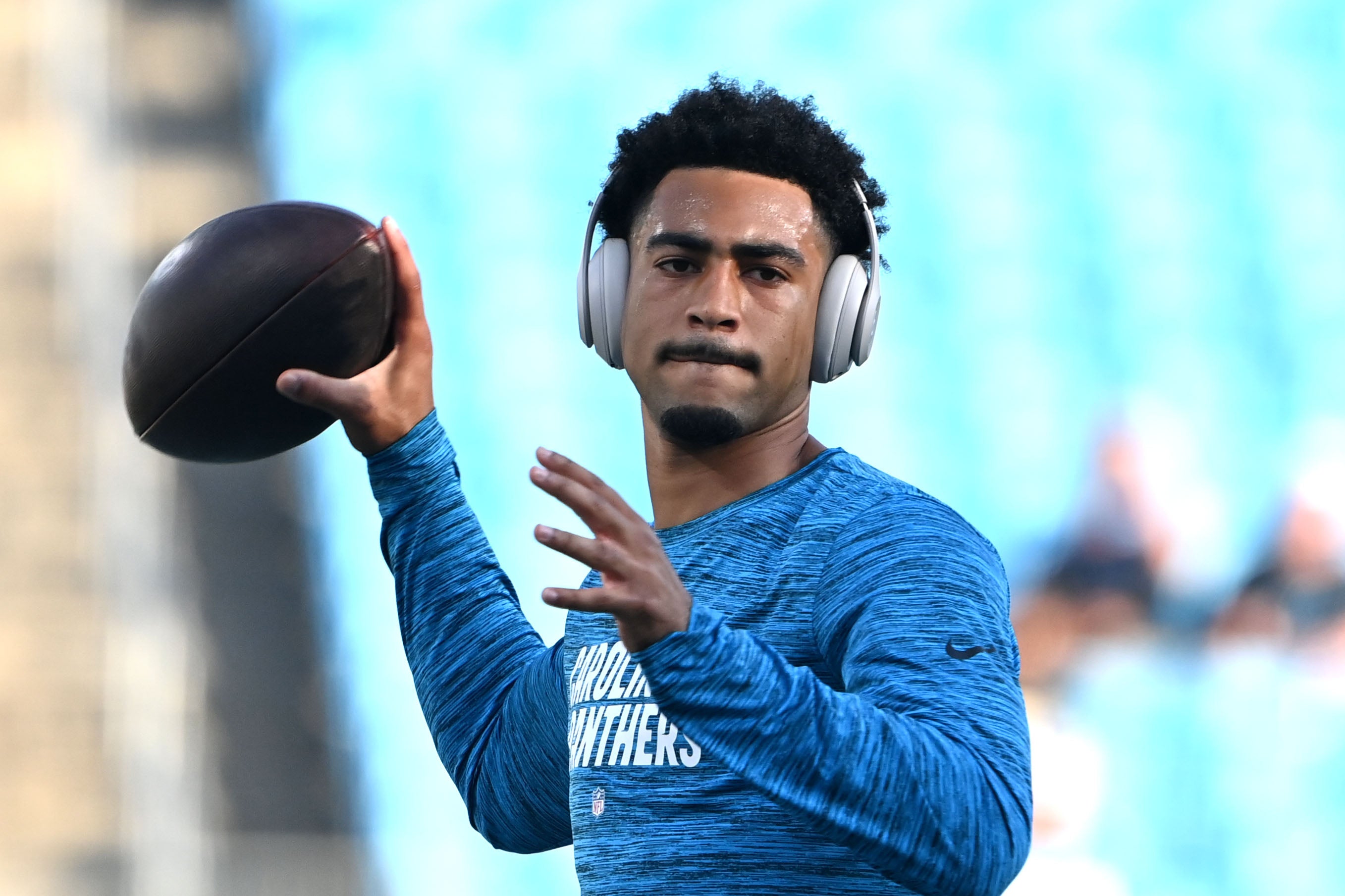 Sep 18, 2023; Charlotte, North Carolina, USA; Carolina Panthers quarterback Bryce Young (9) warms up before the game at Bank of America Stadium. Mandatory Credit: Bob Donnan-USA TODAY Sports.