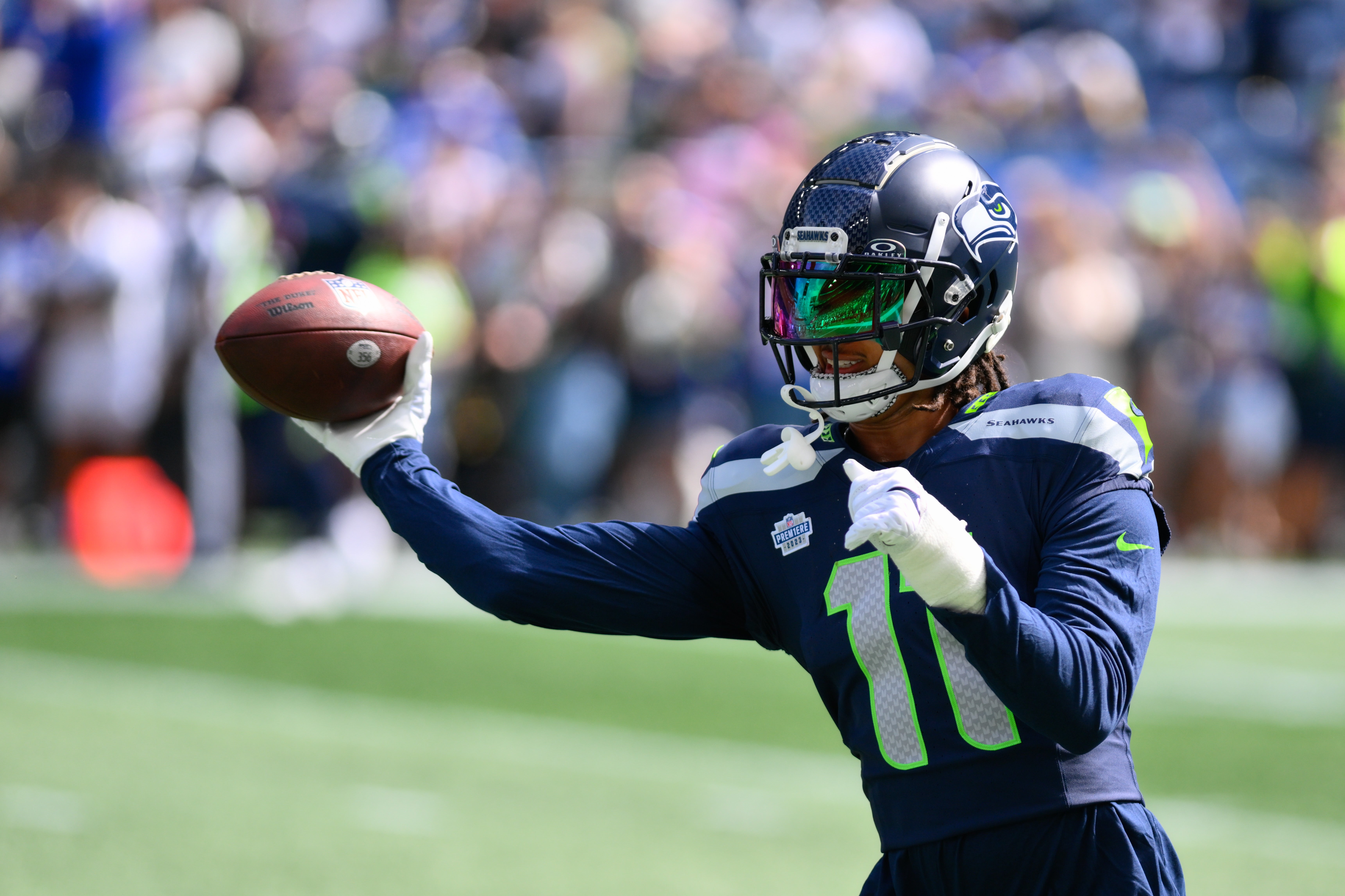 Sep 10, 2023; Seattle, Washington, USA; Seattle Seahawks wide receiver Jaxon Smith-Njigba (11) prior to the game against the Los Angeles Rams at Lumen Field. Mandatory Credit: Steven Bisig-USA TODAY Sports