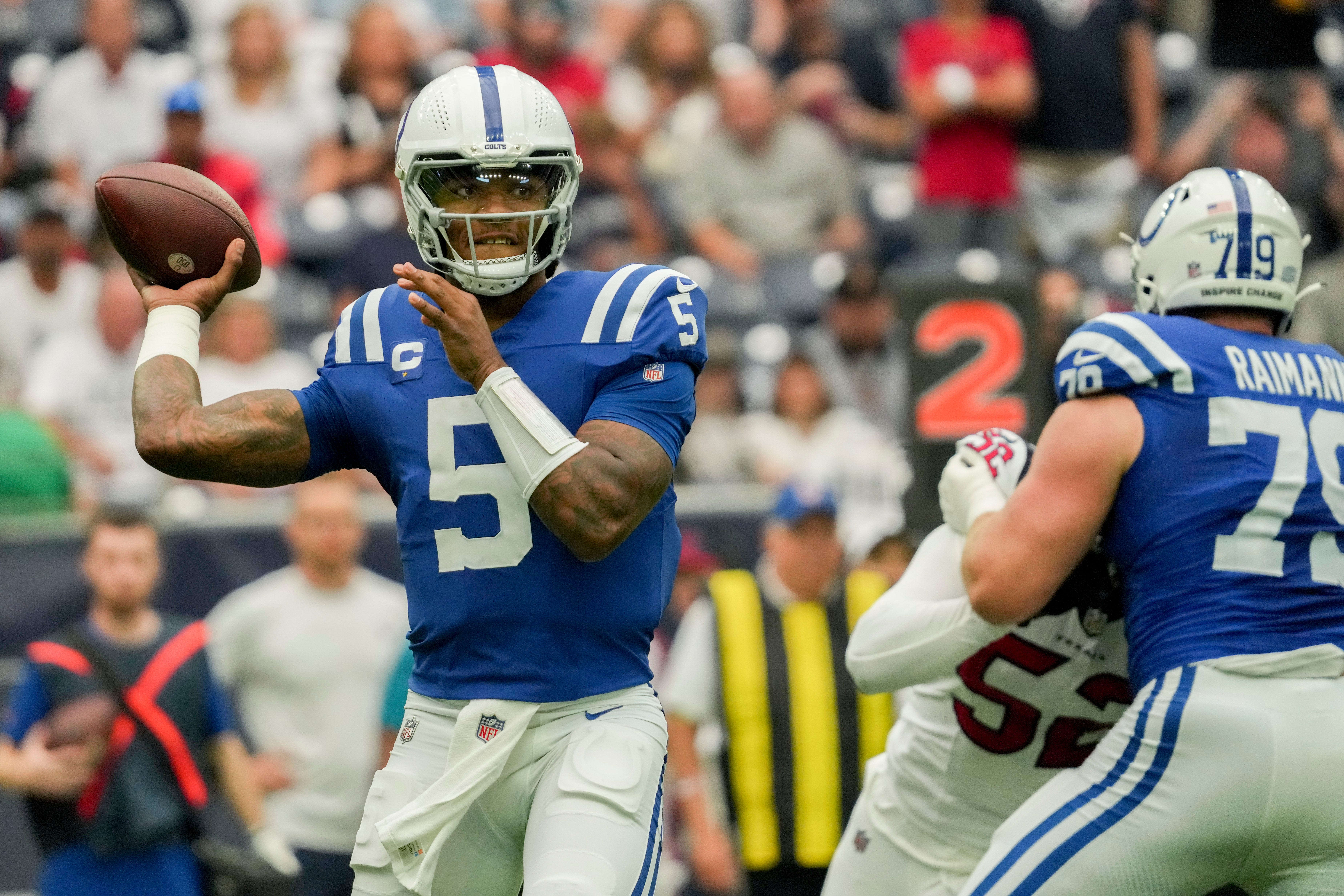 Indianapolis Colts quarterback Anthony Richardson (5) draws back to pass Sunday, Sept. 17, 2023, during a game against the Houston Texans at NRG Stadium in Houston