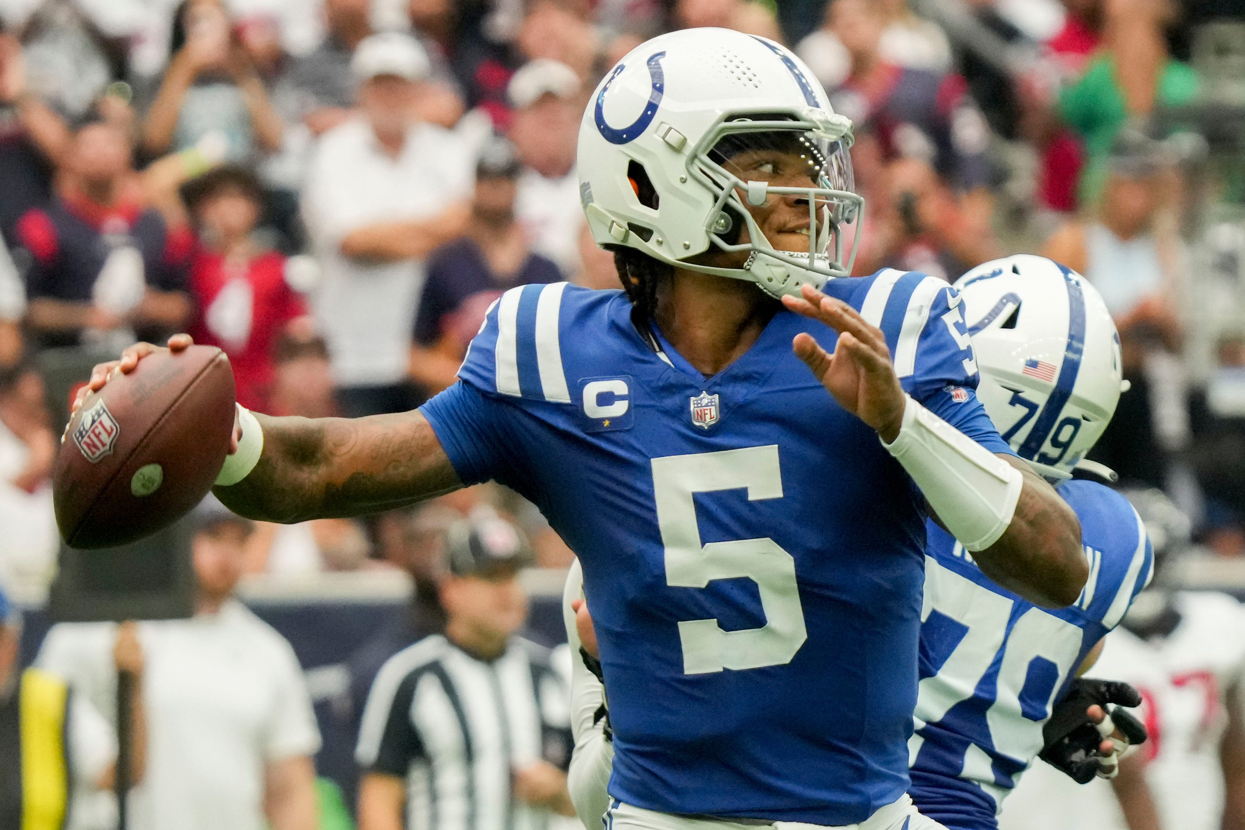 Indianapolis Colts quarterback Anthony Richardson (5) draws back to pass Sunday, Sept. 17, 2023, during a game against the Houston Texans at NRG Stadium in Houston