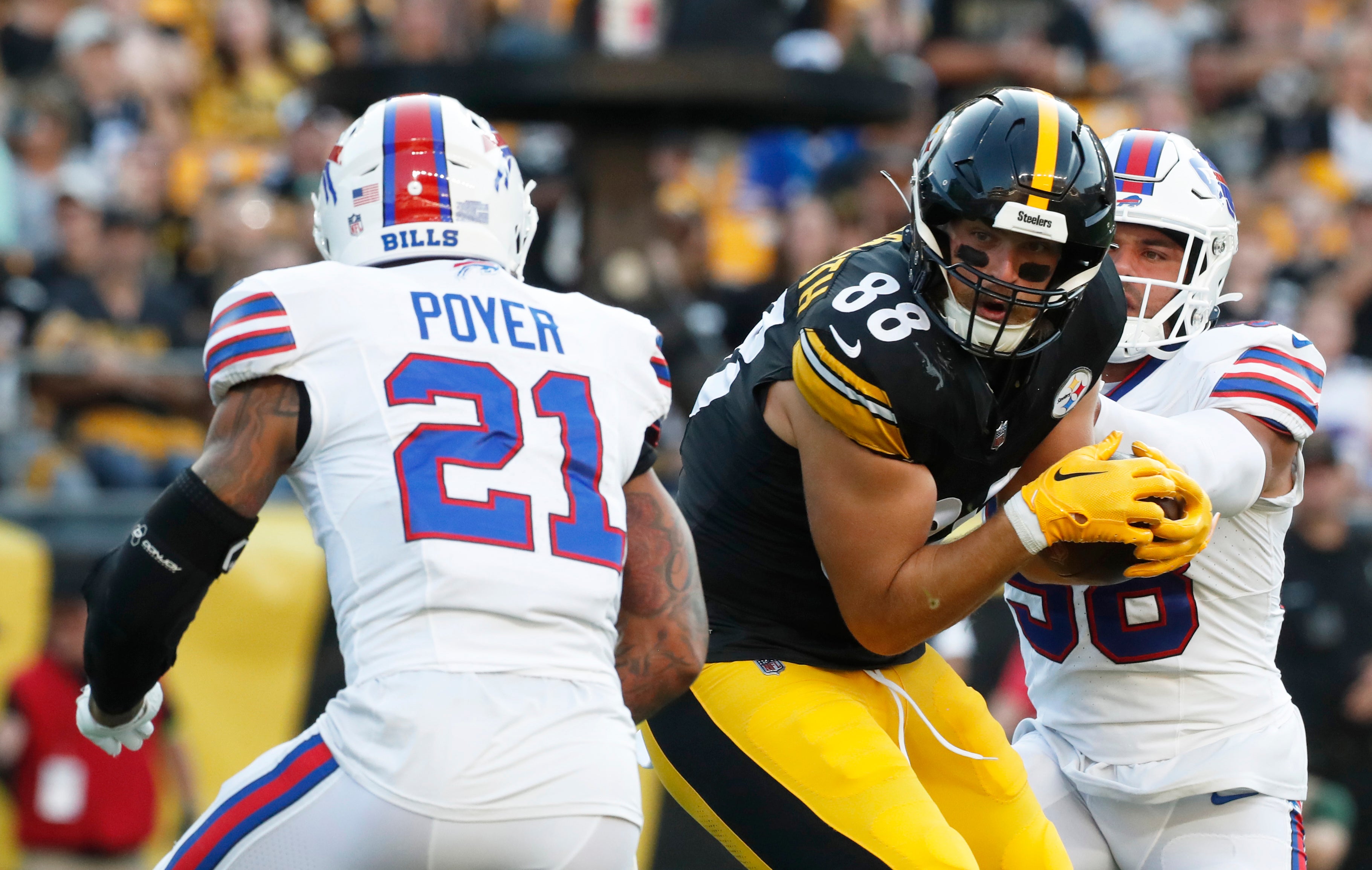 Buffalo Bills S Jordan Poyer making a tackle in a preseason game against the Pittsburgh Steelers