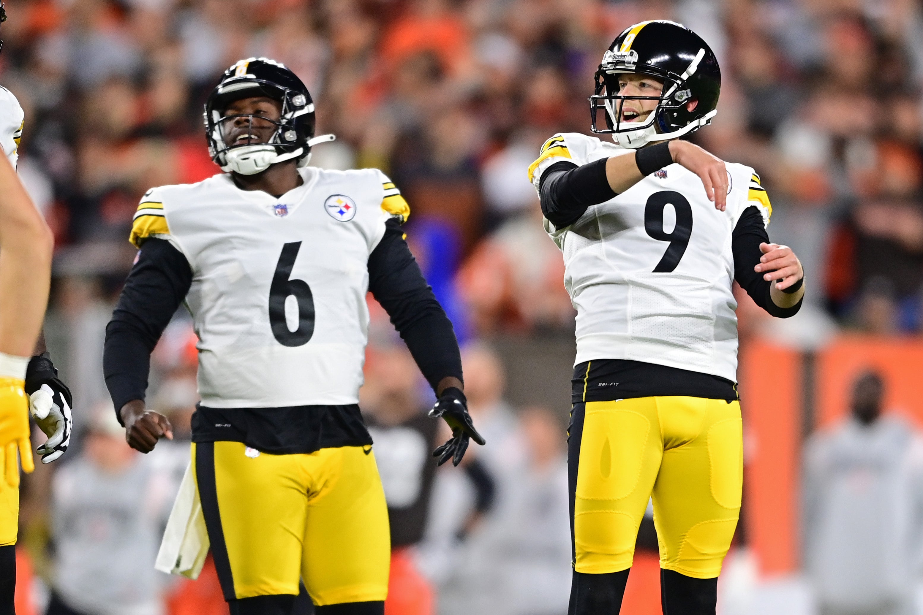 Sep 22, 2022; Cleveland, Ohio, USA; Pittsburgh Steelers place kicker Chris Boswell (9) and punter Pressley Harvin III (6) react after a missed field goal by Boswell during the first quarter against the Cleveland Browns at FirstEnergy Stadium. Mandatory Credit: David Dermer-USA TODAY Sports