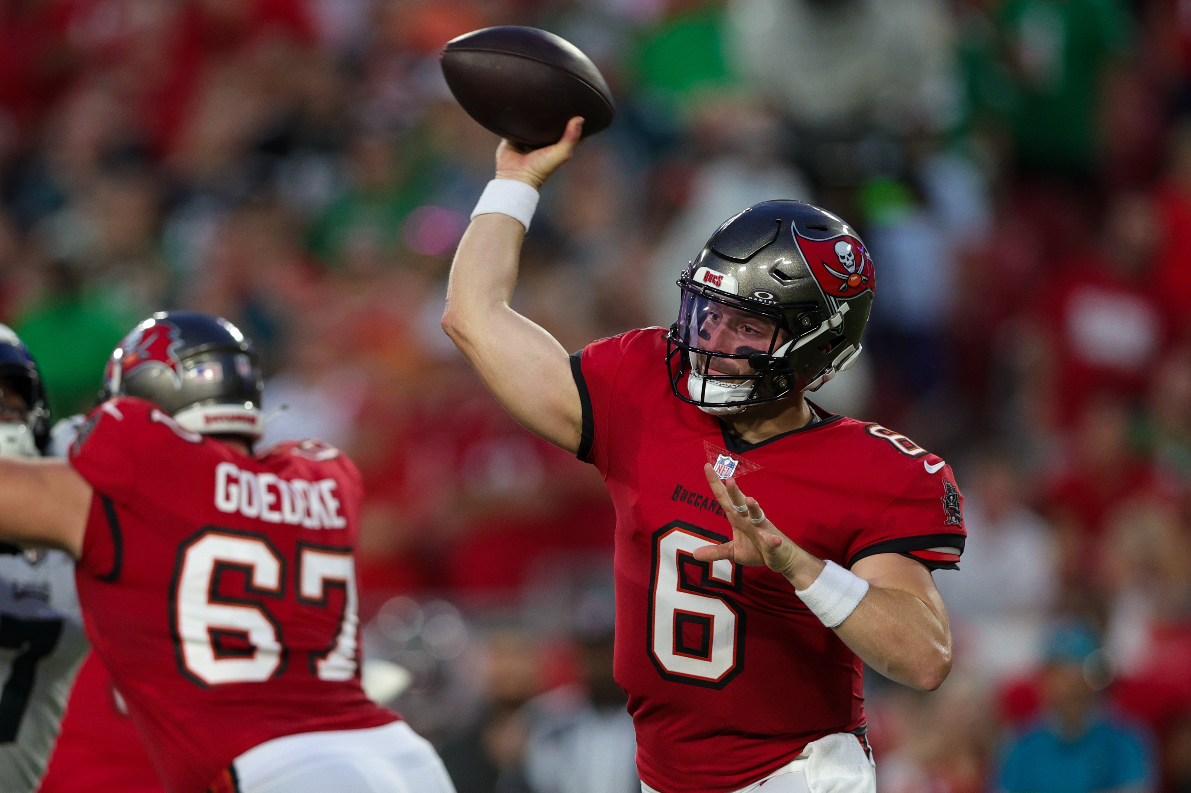 Sep 25, 2023; Tampa, Florida, USA; Tampa Bay Buccaneers quarterback Baker Mayfield (6) throws a pass against the Philadelphia Eagles in the first quarter at Raymond James Stadium. Mandatory Credit: Nathan Ray Seebeck-USA TODAY Sports