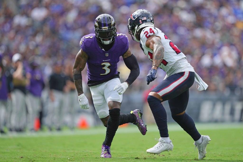 Baltimore Ravens wide receiver Odell Beckham Jr. (3) goes out for a pass defended by Houston Texans cornerback Derek Stingley Jr. (24) at M&T Bank Stadium.