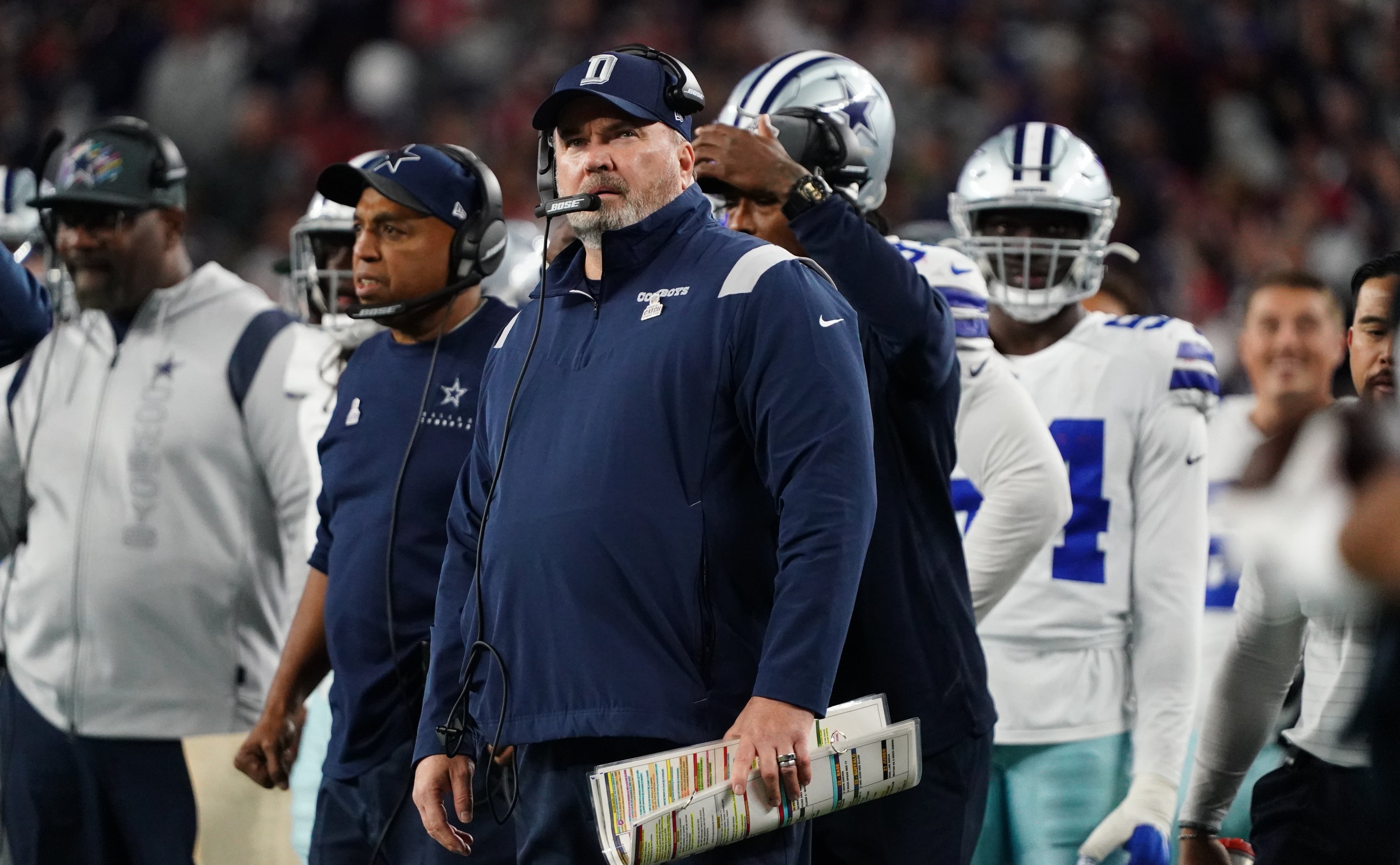 Dallas Cowboys head coach Mike McCarthy watches from the sideline as they take on the New England Patriots in the second half at Gillette Stadium. Mandatory Credit: David Butler II-USA TODAY Sports
