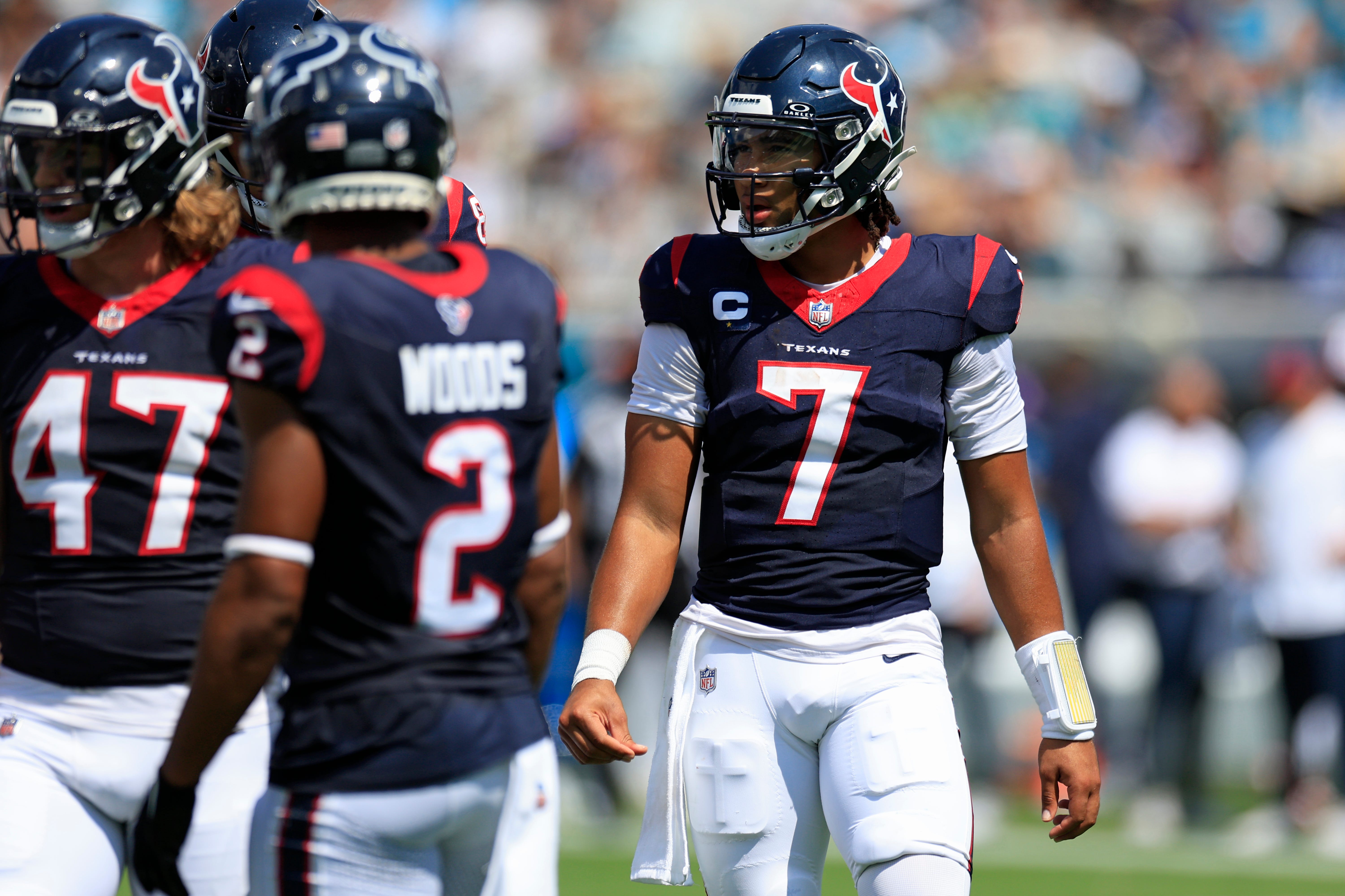 Houston Texans quarterback C.J. Stroud (7) looks on during the second quarter of an NFL football matchup Sunday, Sept. 24, 2023 at EverBank Stadium in Jacksonville, Fla. The Houston Texans defeated the Jacksonville Jaguars 37-17.