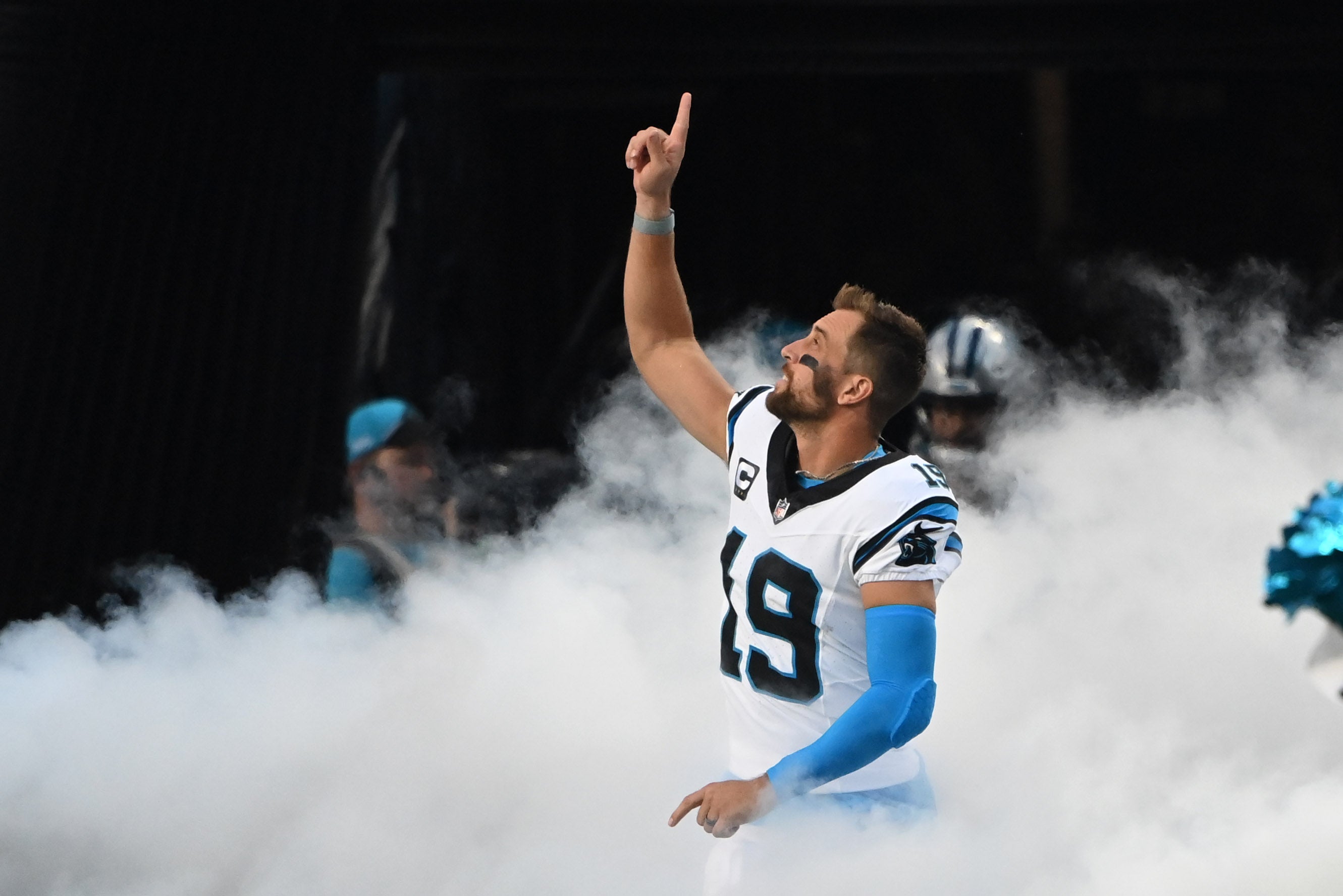 Sep 18, 2023; Charlotte, North Carolina, USA; Carolina Panthers wide receiver Adam Thielen (19) runs on to the field before the game at Bank of America Stadium. Mandatory Credit: Bob Donnan-USA TODAY Sports