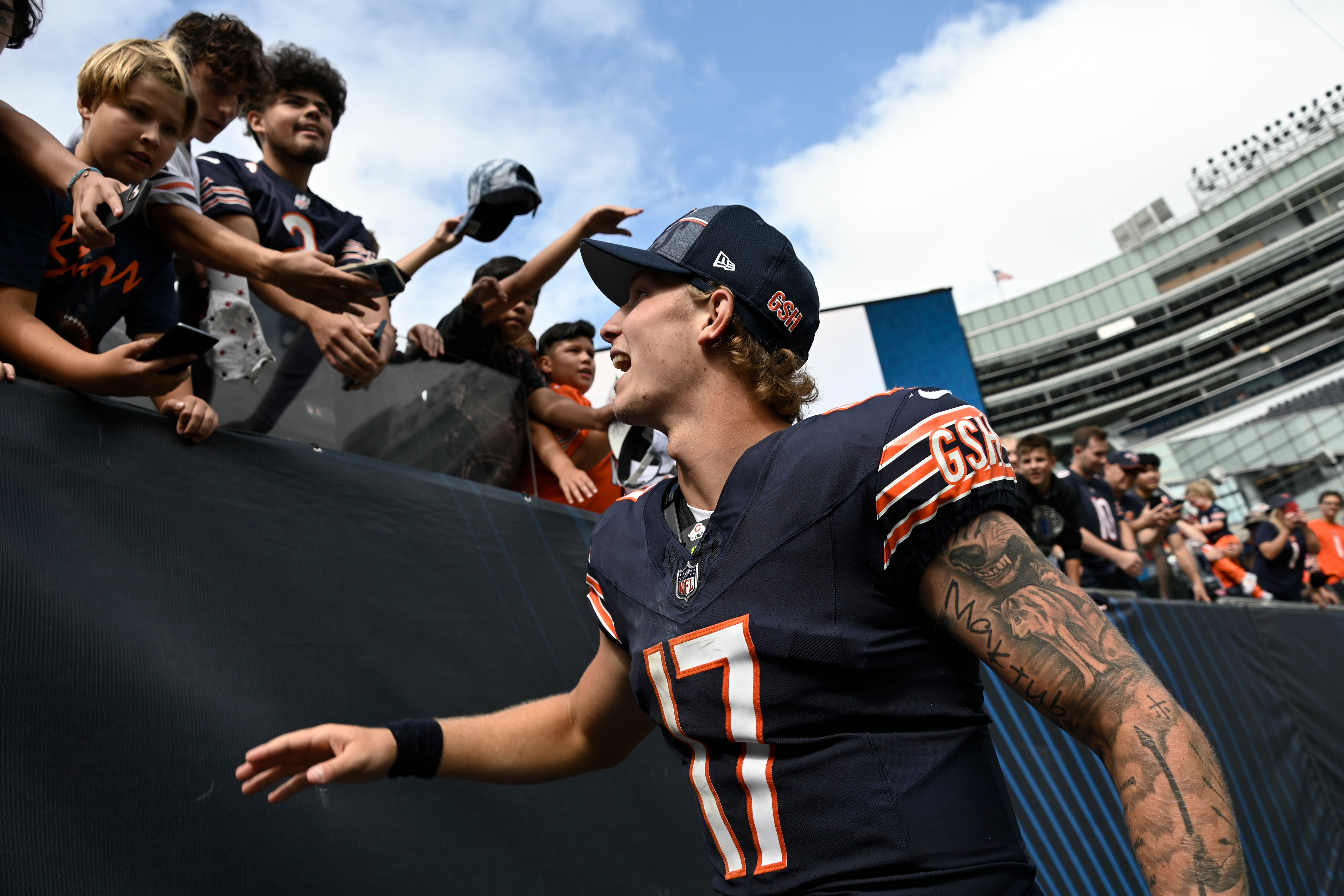 Aug 26, 2023; Chicago, Illinois, USA; Chicago Bears quarterback Tyson Bagent (17) talks with fans after the second half against the Buffalo Bills at Soldier Field.