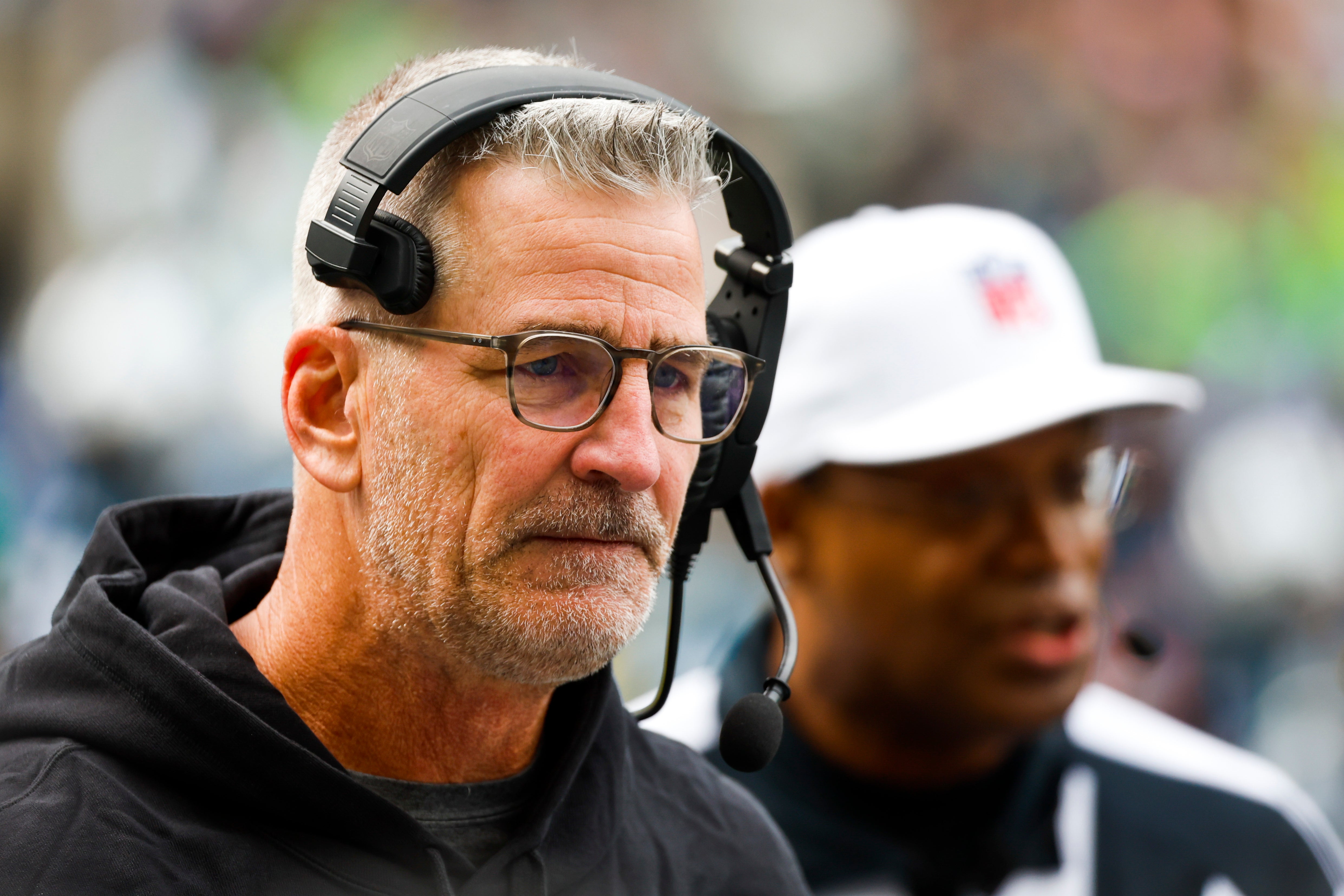 Sep 24, 2023; Seattle, Washington, USA; Carolina Panthers head coach Frank Reich returns to the bench during a first quarter timeout against the Seattle Seahawks at Lumen Field. Mandatory Credit: Joe Nicholson-USA TODAY Sports.