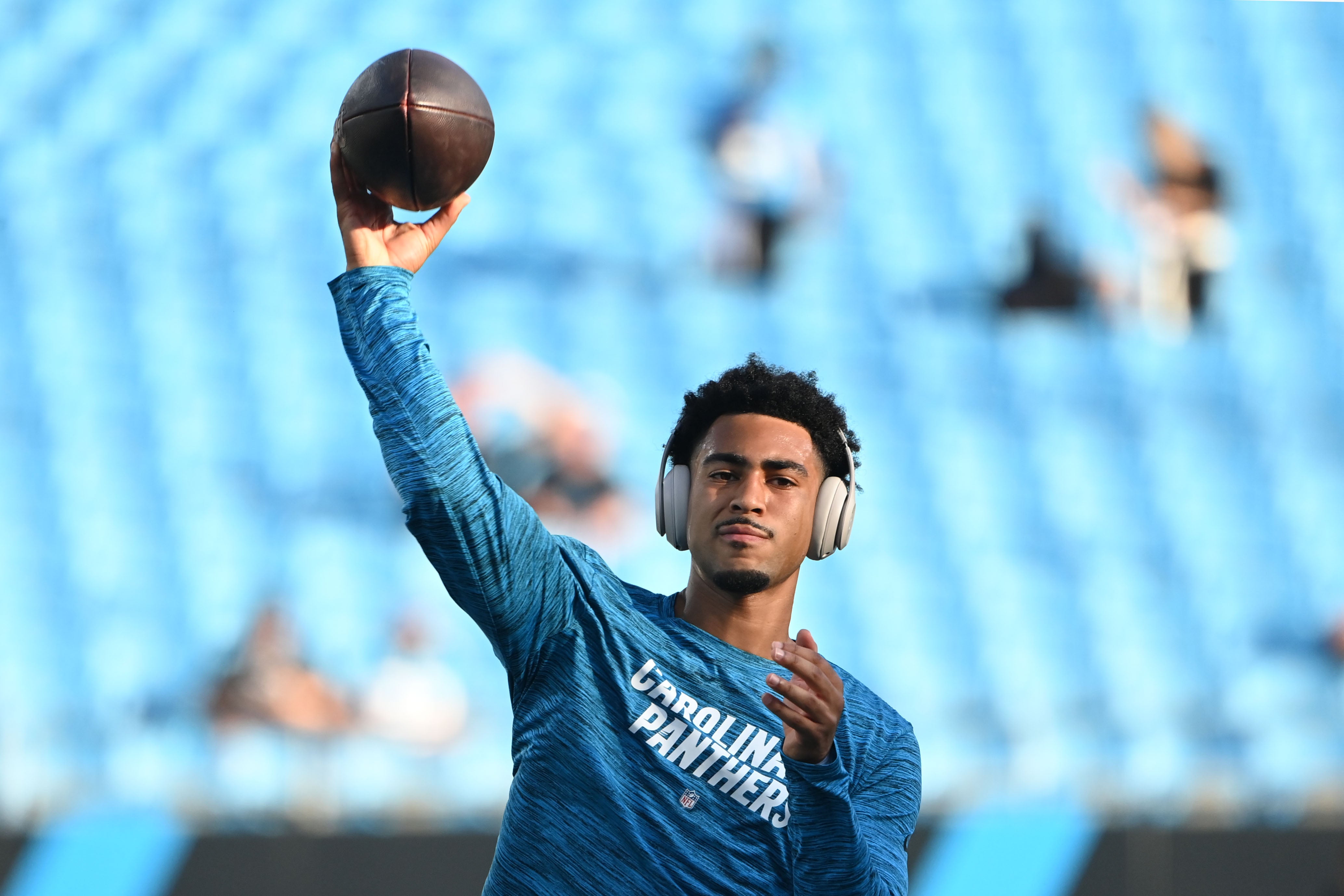 Sep 18, 2023; Charlotte, North Carolina, USA; Carolina Panthers quarterback Bryce Young (9) warms up before the game at Bank of America Stadium. Mandatory Credit: Bob Donnan-USA TODAY Sports.