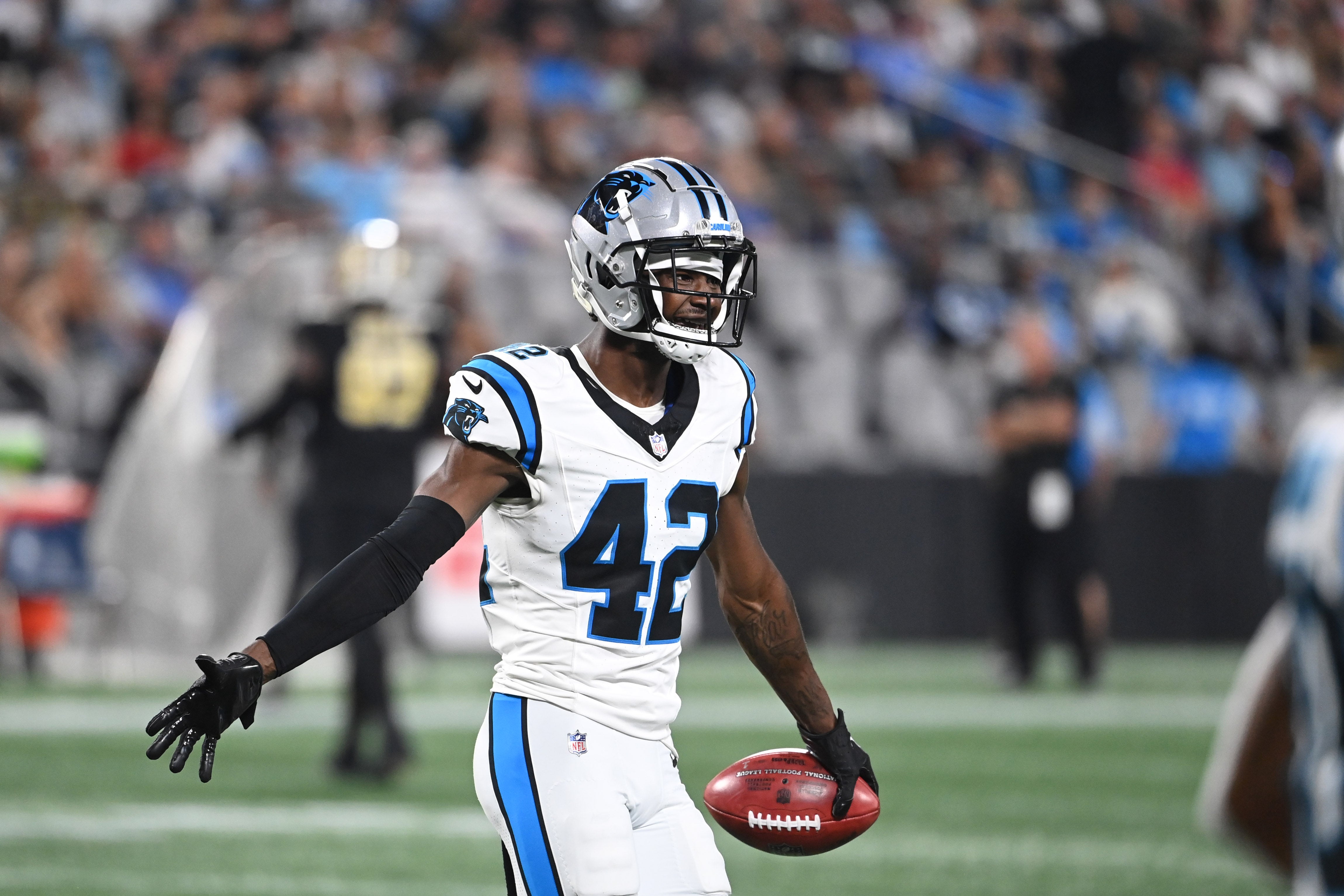 Sep 18, 2023; Charlotte, North Carolina, USA; Carolina Panthers safety Sam Franklin Jr. (42) reacts in the 3rd quarter at Bank of America Stadium. Mandatory Credit: Bob Donnan-USA TODAY Sports