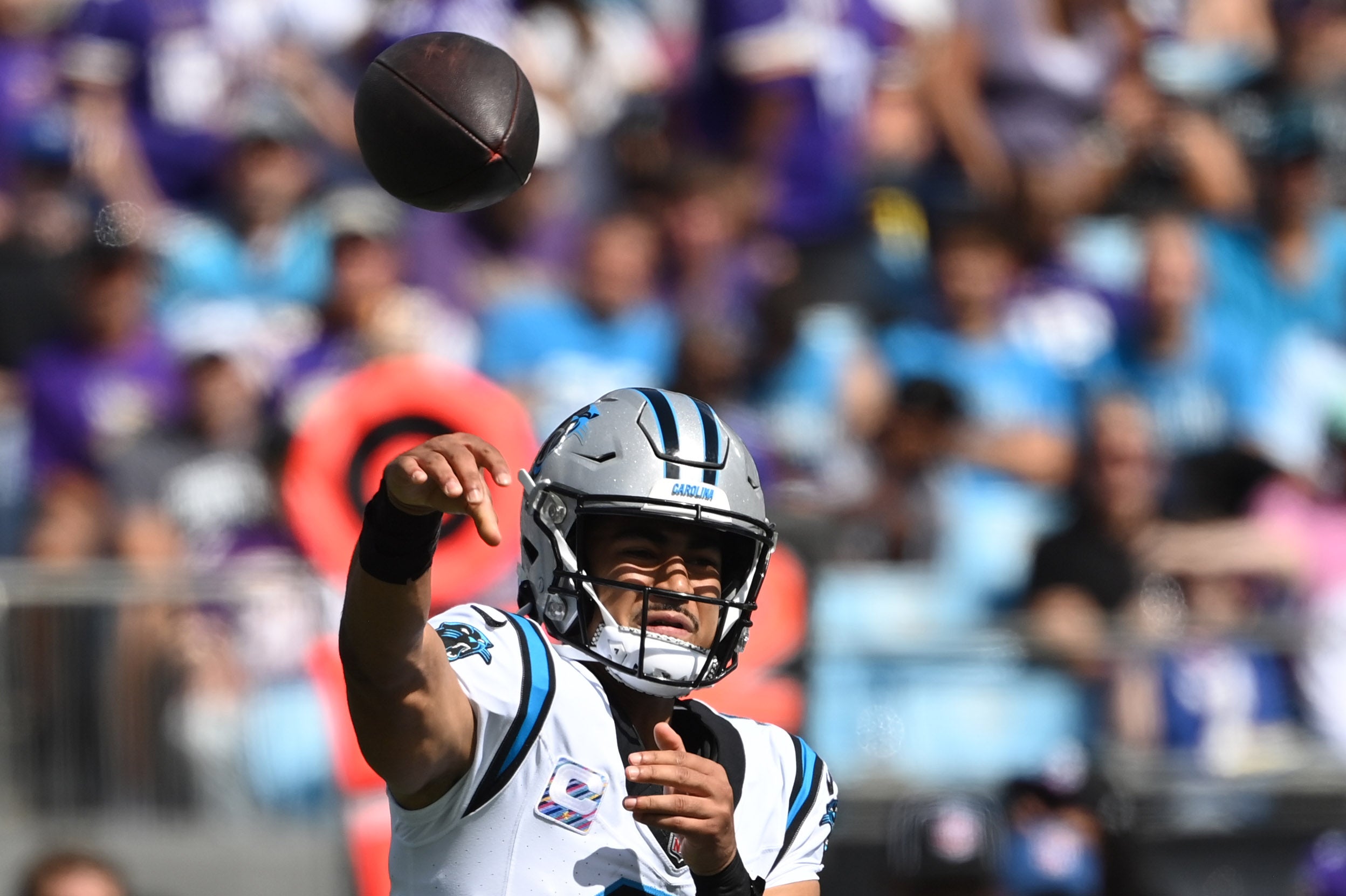 Oct 1, 2023; Charlotte, North Carolina, USA; Carolina Panthers quarterback Bryce Young (9) passes the ball in the second quarter at Bank of America Stadium. Mandatory Credit: Bob Donnan-USA TODAY Sports.